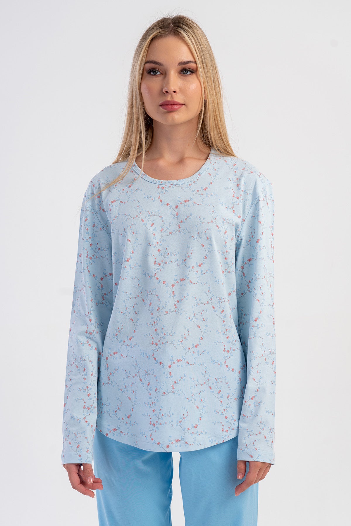 SET PIJAMA DAMA P.SUPREM DECOLTEU ROTUND MÂNECĂ LUNGĂ CU TIV OVAL - ALBASTRU