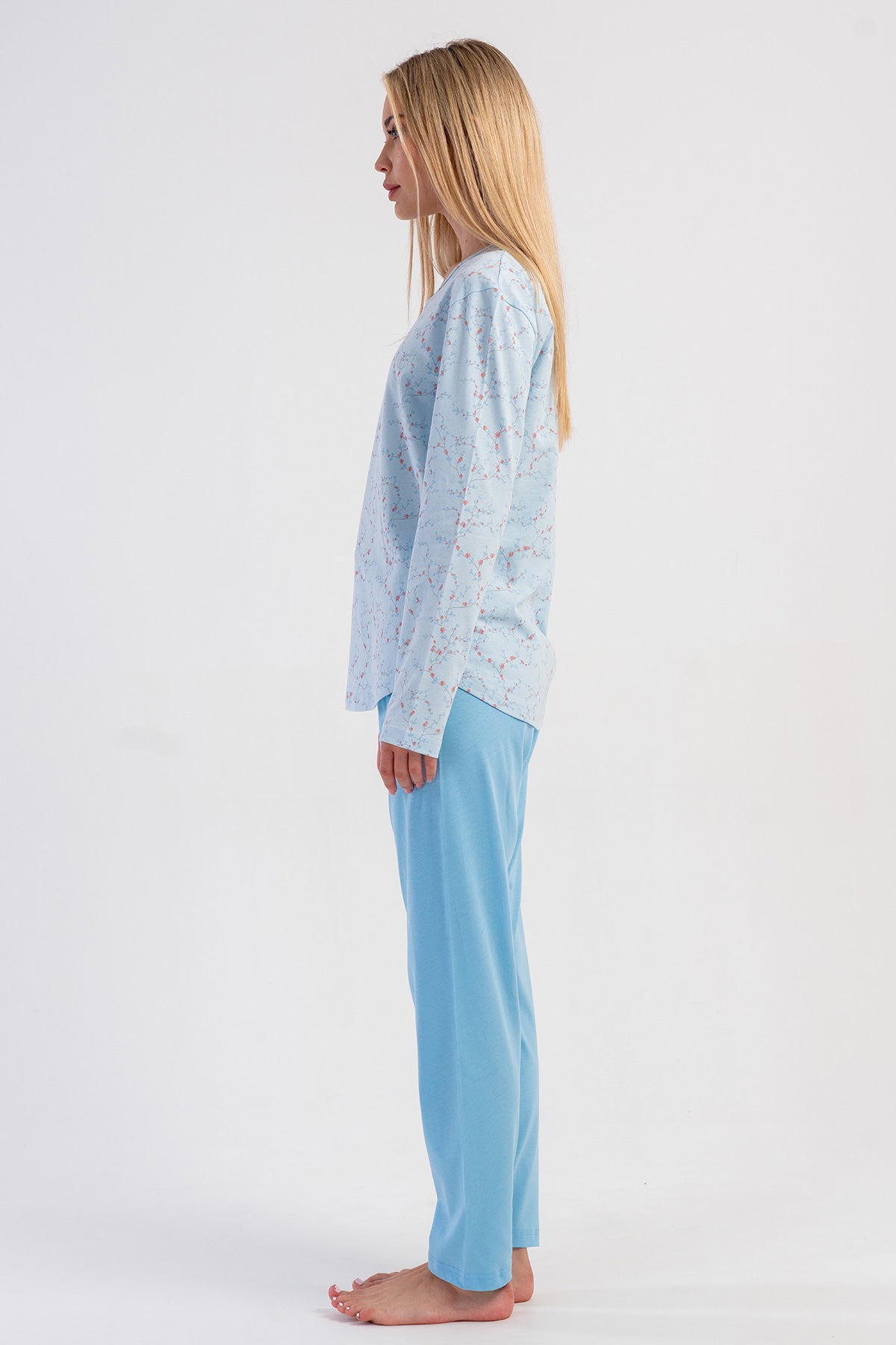 SET PIJAMA DAMA P.SUPREM DECOLTEU ROTUND MÂNECĂ LUNGĂ CU TIV OVAL - ALBASTRU
