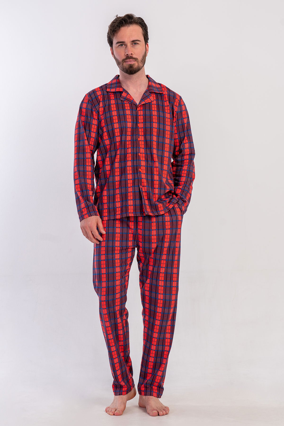 Pijama bărbătească lungă de la P.SUPREM, cu guler cămașă și închidere completă cu nasturi, cu buzunar - BORDO