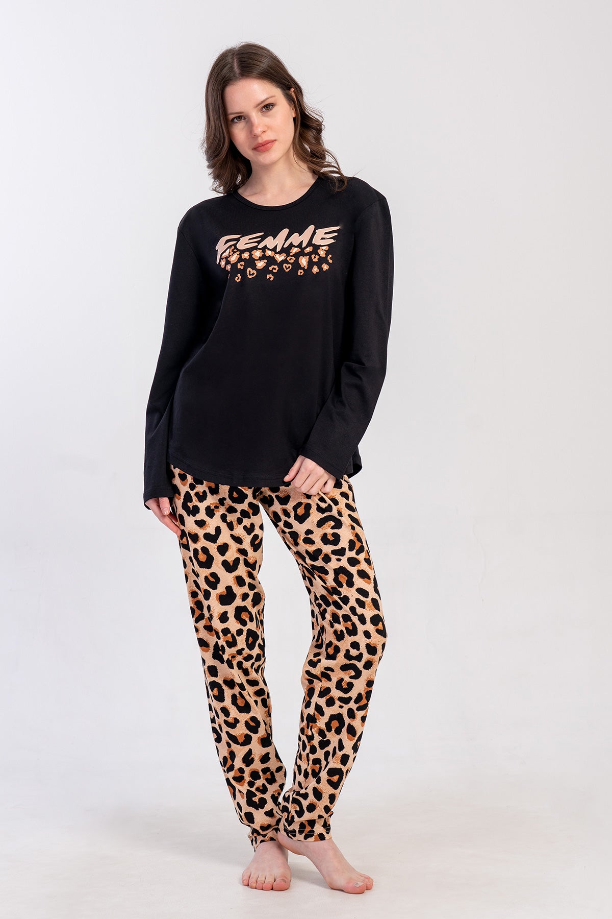 SET PIJAMALE FEMEI P.SUPREM BATTAL XXL GULER GÂT ROTUND MÂNECĂ LUNGĂ TIV OVAL - NEGRU