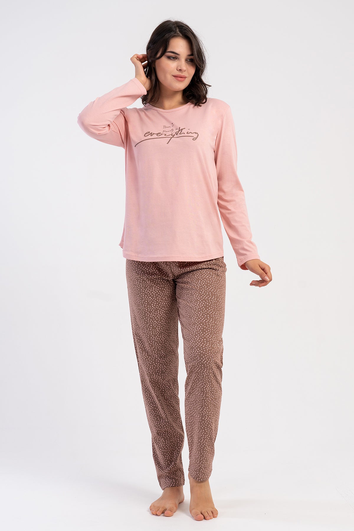 SET PIJAMA DE DAMĂ P.SUPREM XXL CU GÂT ROTUND, MÂNECĂ LUNGĂ ȘI TIV OVAL - ROZ