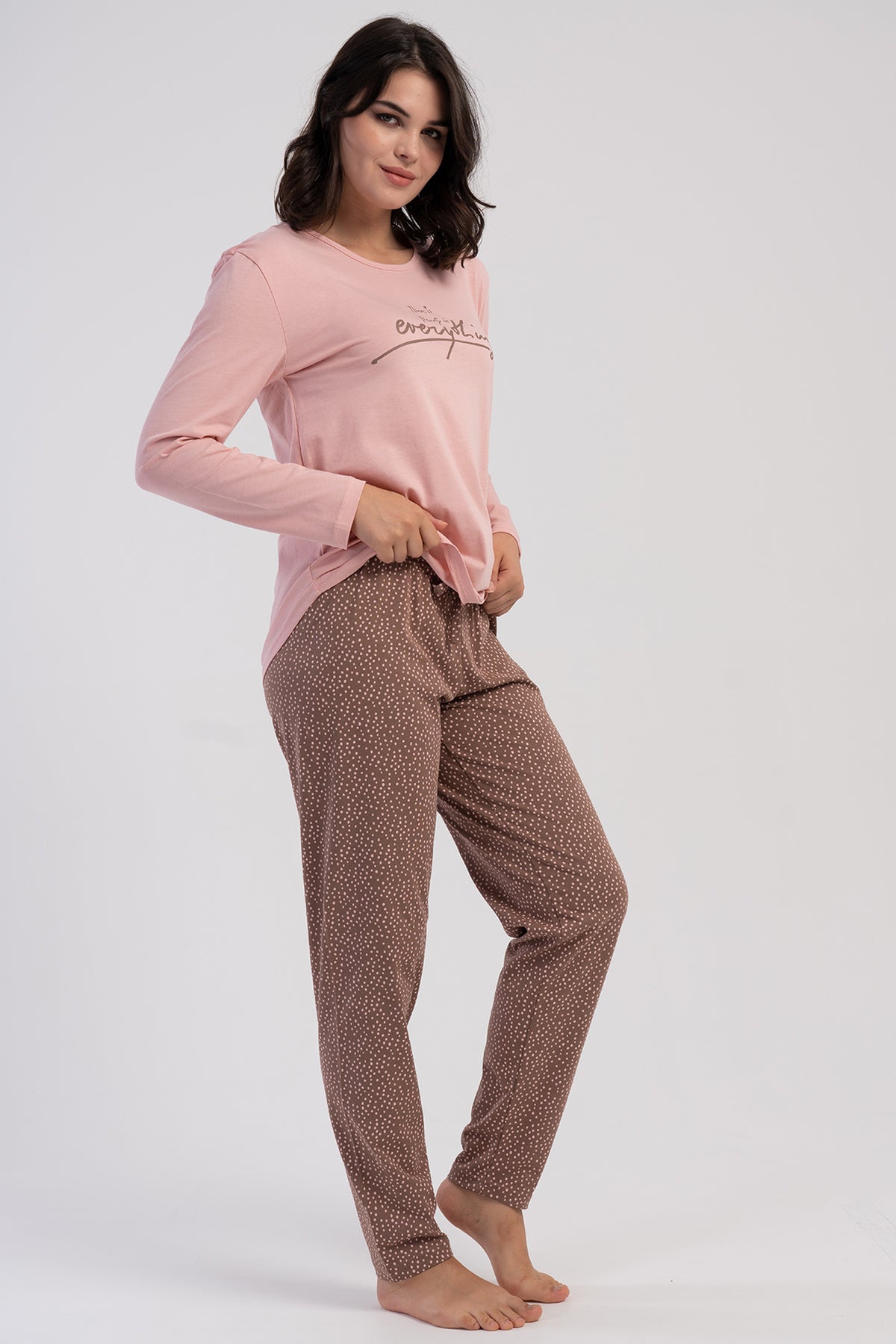 SET PIJAMA DE DAMĂ P.SUPREM XXL CU GÂT ROTUND, MÂNECĂ LUNGĂ ȘI TIV OVAL - ROZ
