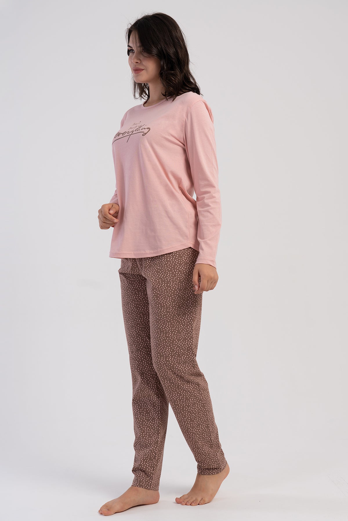SET PIJAMA DE DAMĂ P.SUPREM XXL CU GÂT ROTUND, MÂNECĂ LUNGĂ ȘI TIV OVAL - ROZ
