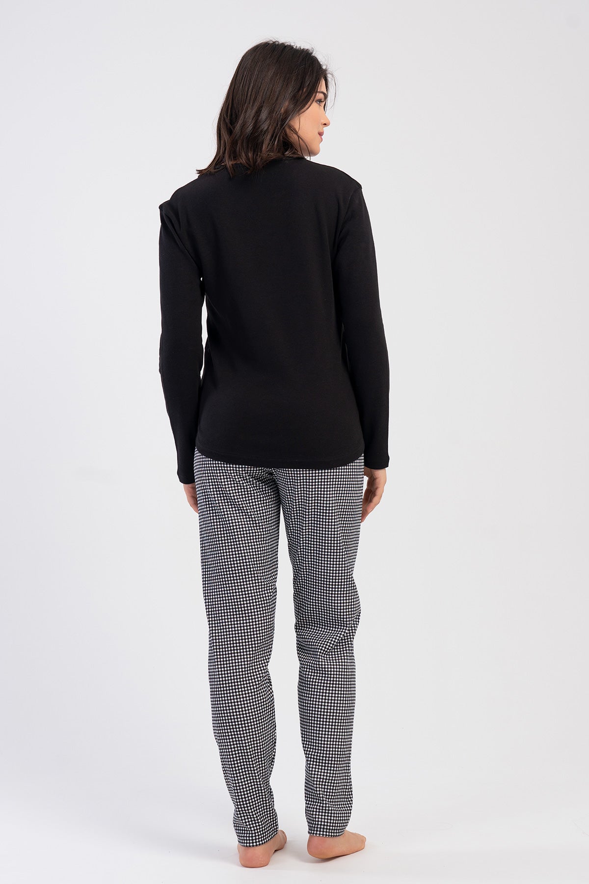 Pijama damă cu mânecă lungă, guler oval, tiv oval, cu interlock - Negru