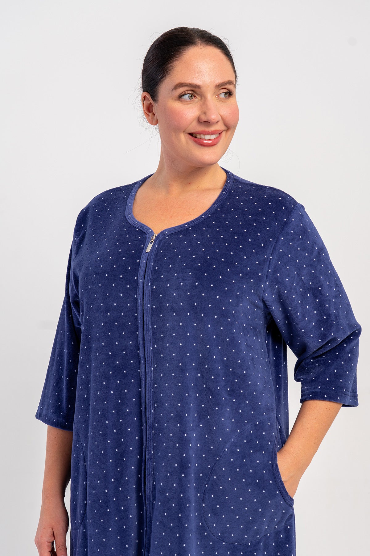 ROCHIE DE CASĂ DE DAMĂ, DIN CATIFEA DE BUMBAC, MĂRIMEA XXL, CU MÂNECĂ 3/4, BUZUNARE ȘI FERMOAR - BLEUMARIN