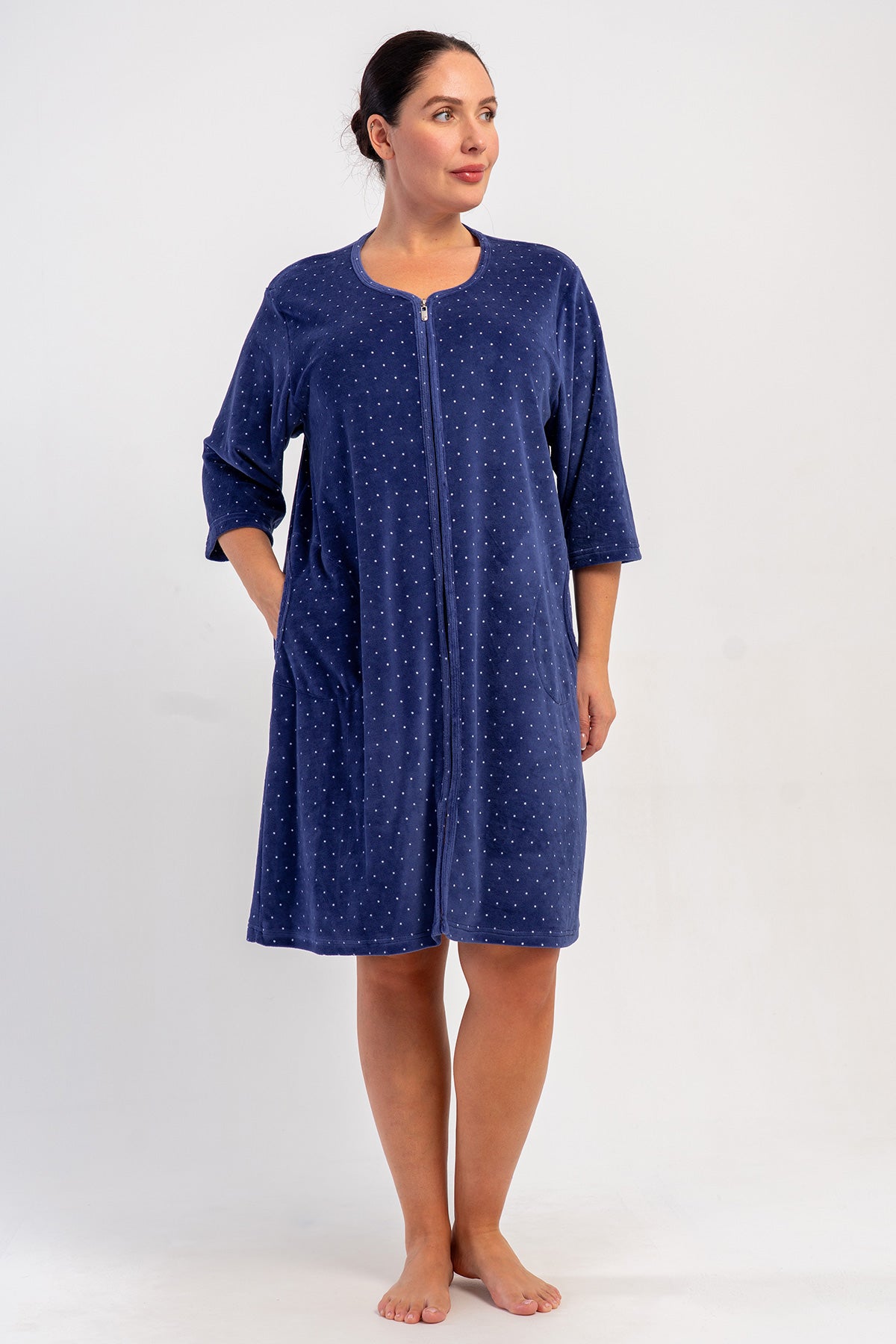 ROCHIE DE CASĂ DE DAMĂ, DIN CATIFEA DE BUMBAC, MĂRIMEA XXL, CU MÂNECĂ 3/4, BUZUNARE ȘI FERMOAR - BLEUMARIN