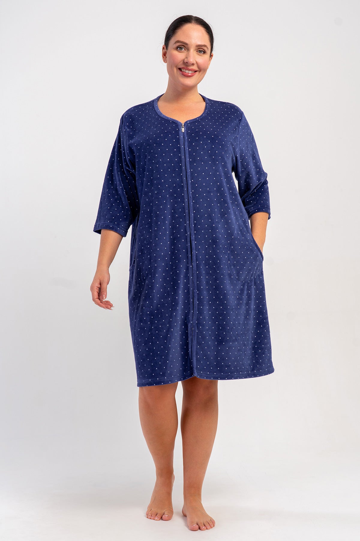 ROCHIE DE CASĂ DE DAMĂ, DIN CATIFEA DE BUMBAC, MĂRIMEA XXL, CU MÂNECĂ 3/4, BUZUNARE ȘI FERMOAR - BLEUMARIN
