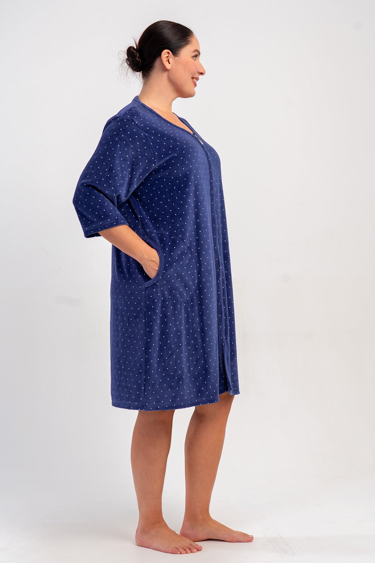 ROCHIE DE CASĂ DE DAMĂ, DIN CATIFEA DE BUMBAC, MĂRIMEA XXL, CU MÂNECĂ 3/4, BUZUNARE ȘI FERMOAR - BLEUMARIN