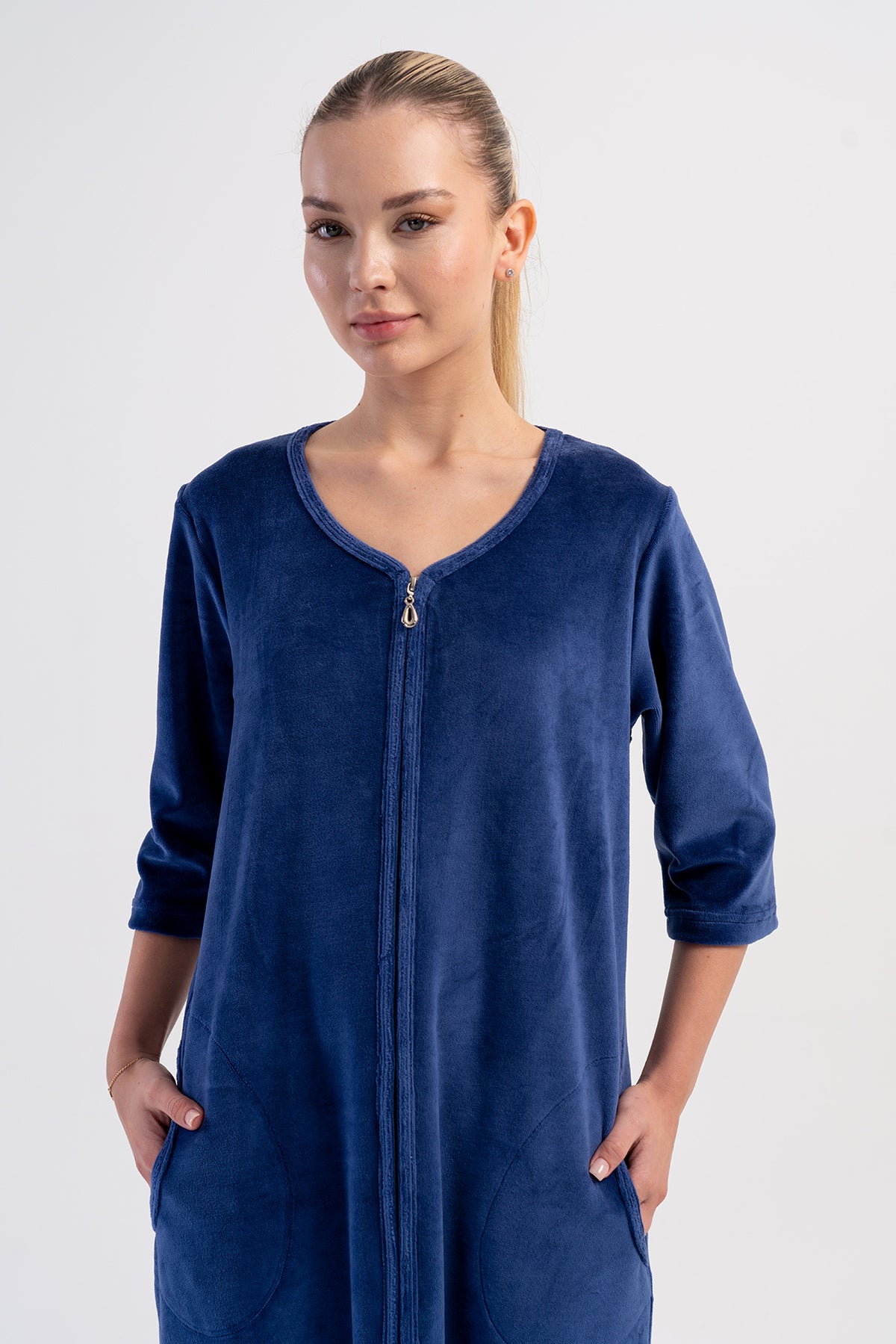 ROCHIE DE CASĂ DE DAMĂ, DIN CORDUROY DE BUMBAC, CU MÂNECĂ 3/4, CU FERMOAR ȘI BUZUNARE - BLEUMARIN