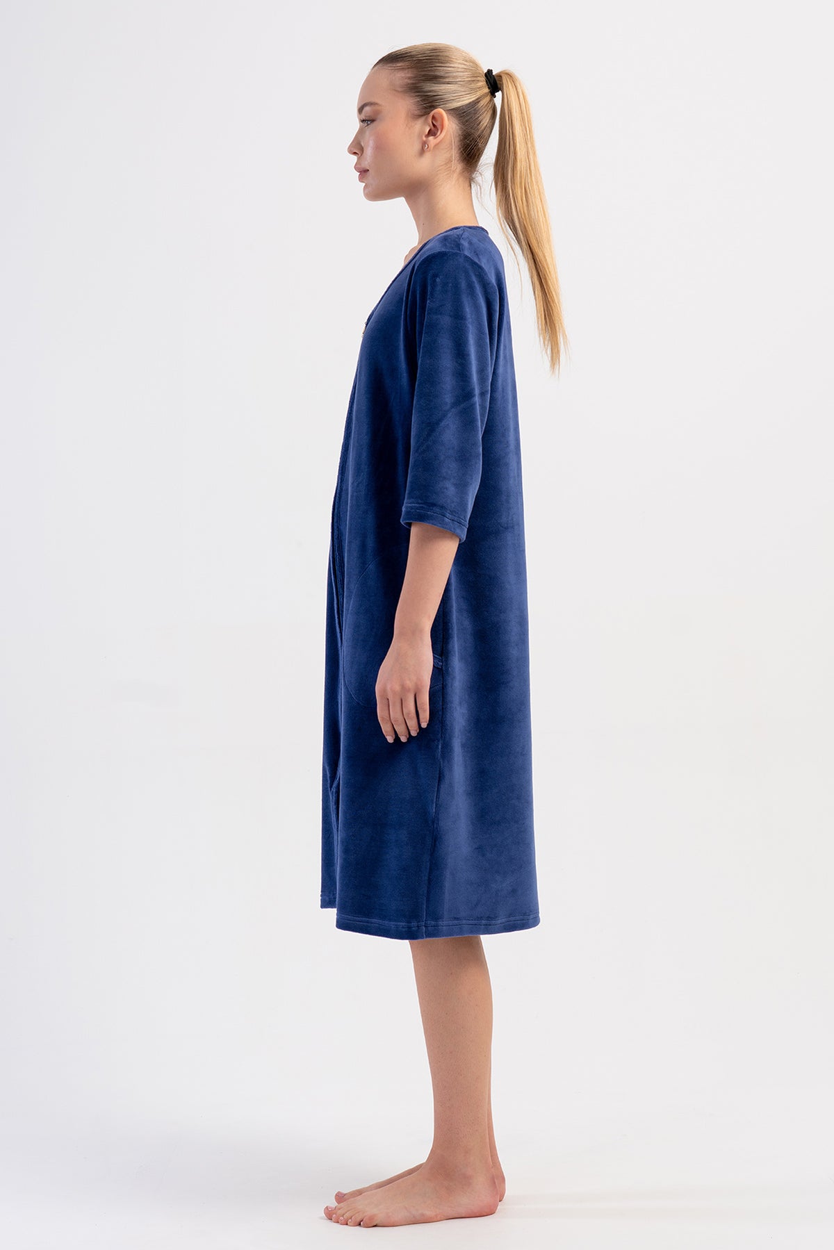 ROCHIE DE CASĂ DE DAMĂ, DIN CORDUROY DE BUMBAC, CU MÂNECĂ 3/4, CU FERMOAR ȘI BUZUNARE - BLEUMARIN