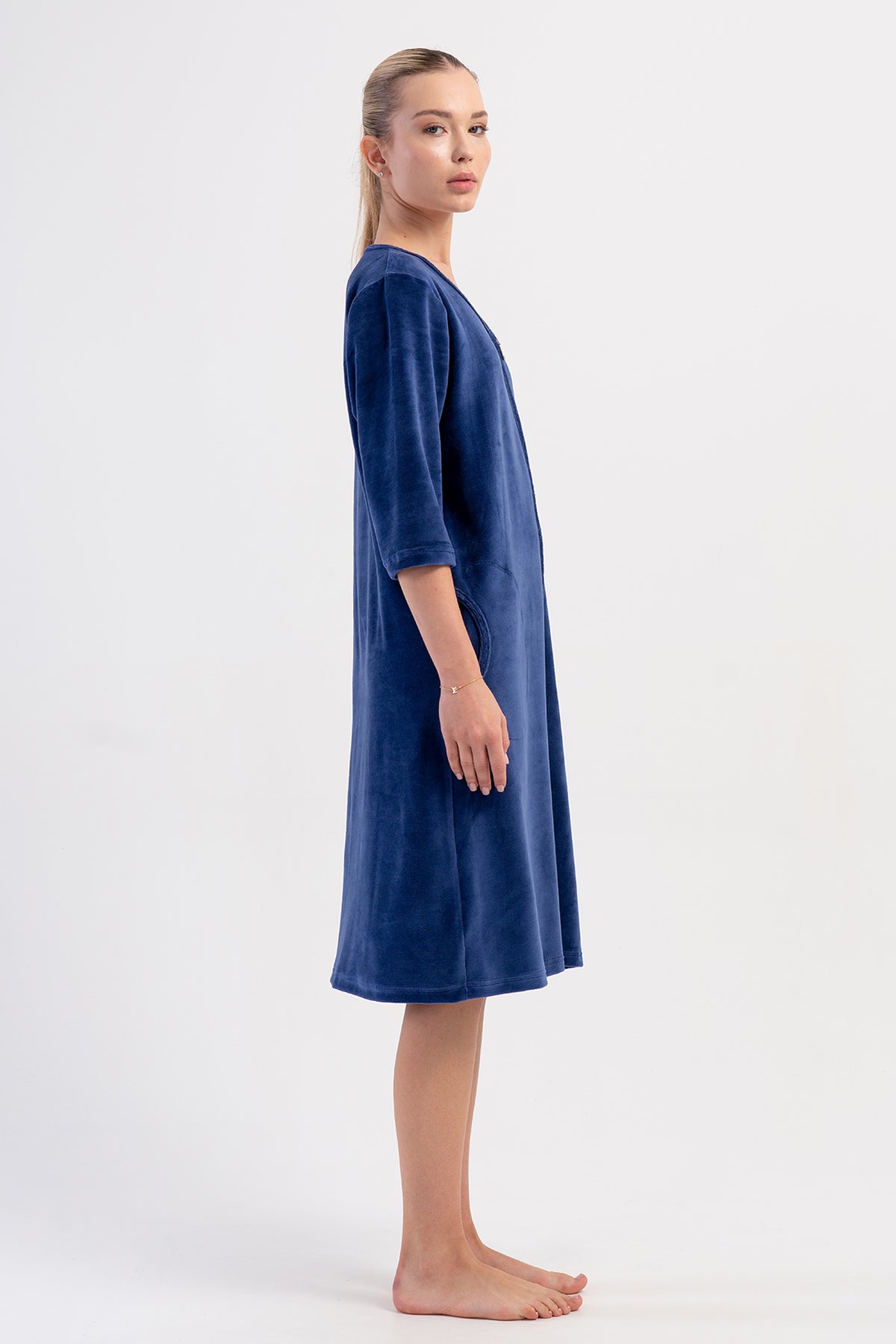 ROCHIE DE CASĂ DE DAMĂ, DIN CORDUROY DE BUMBAC, CU MÂNECĂ 3/4, CU FERMOAR ȘI BUZUNARE - BLEUMARIN