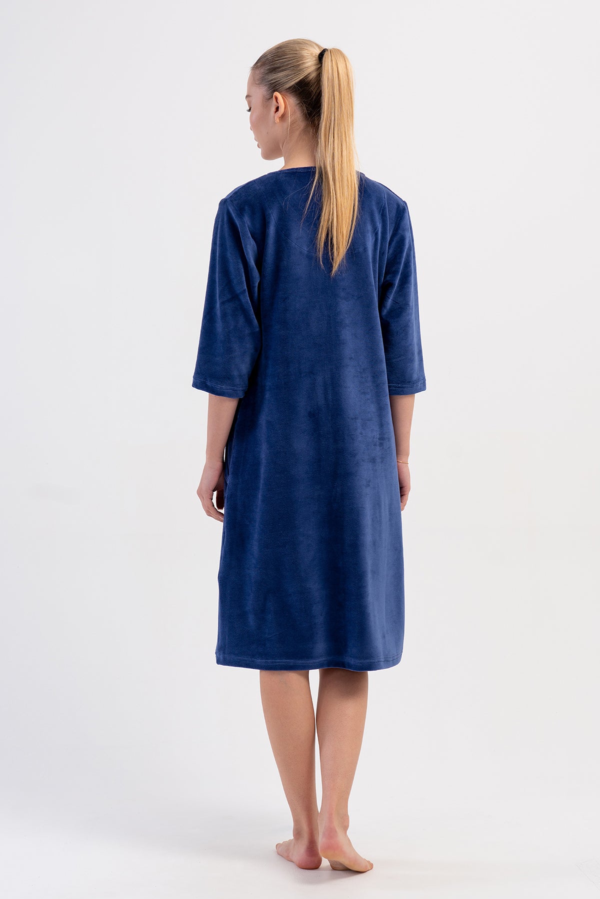 ROCHIE DE CASĂ DE DAMĂ, DIN CORDUROY DE BUMBAC, CU MÂNECĂ 3/4, CU FERMOAR ȘI BUZUNARE - BLEUMARIN