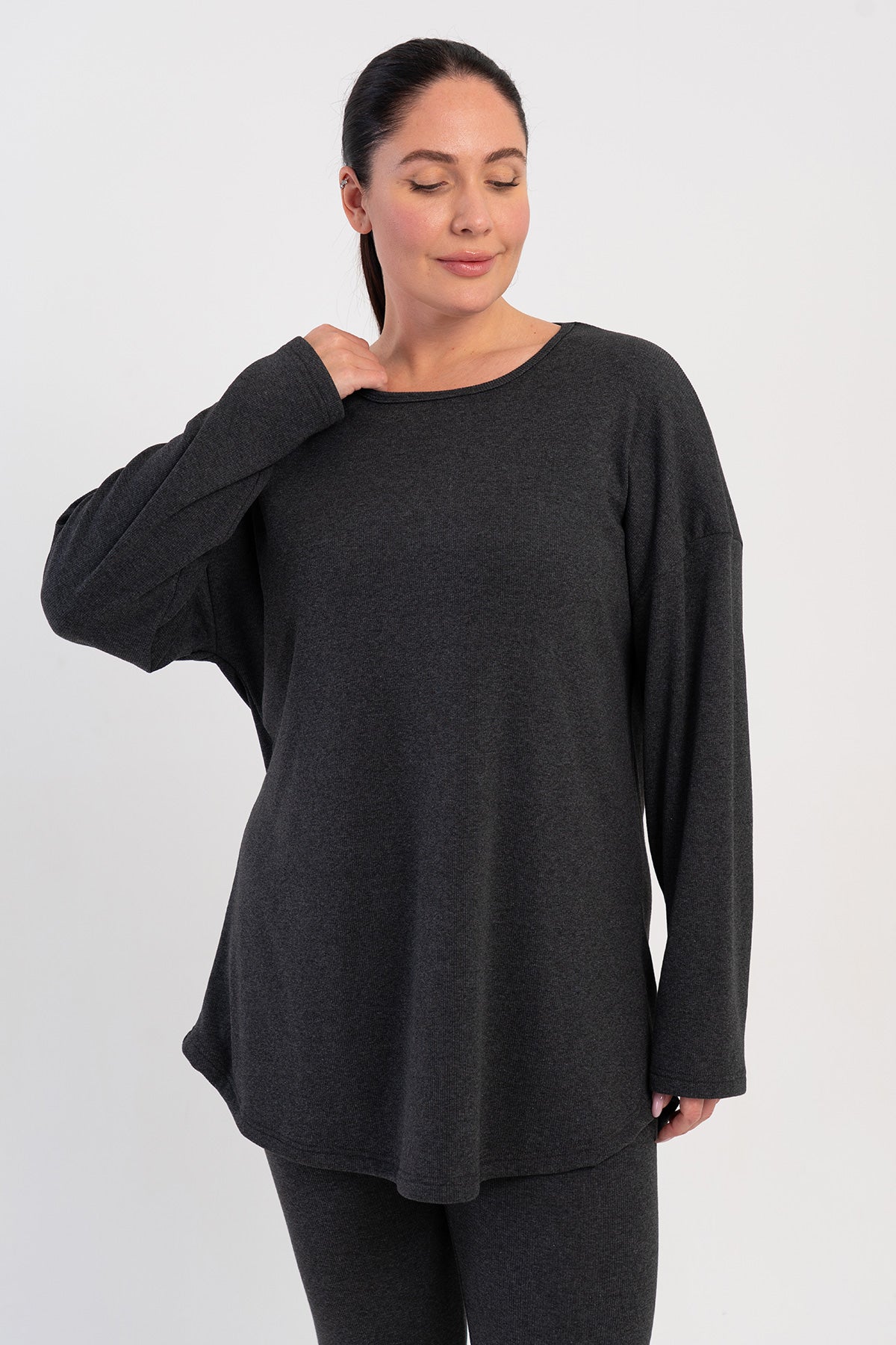 Pijama de damă, mărime XXL, cu mânecă lungă, pantaloni lungi cu manșete - ANTRACIT