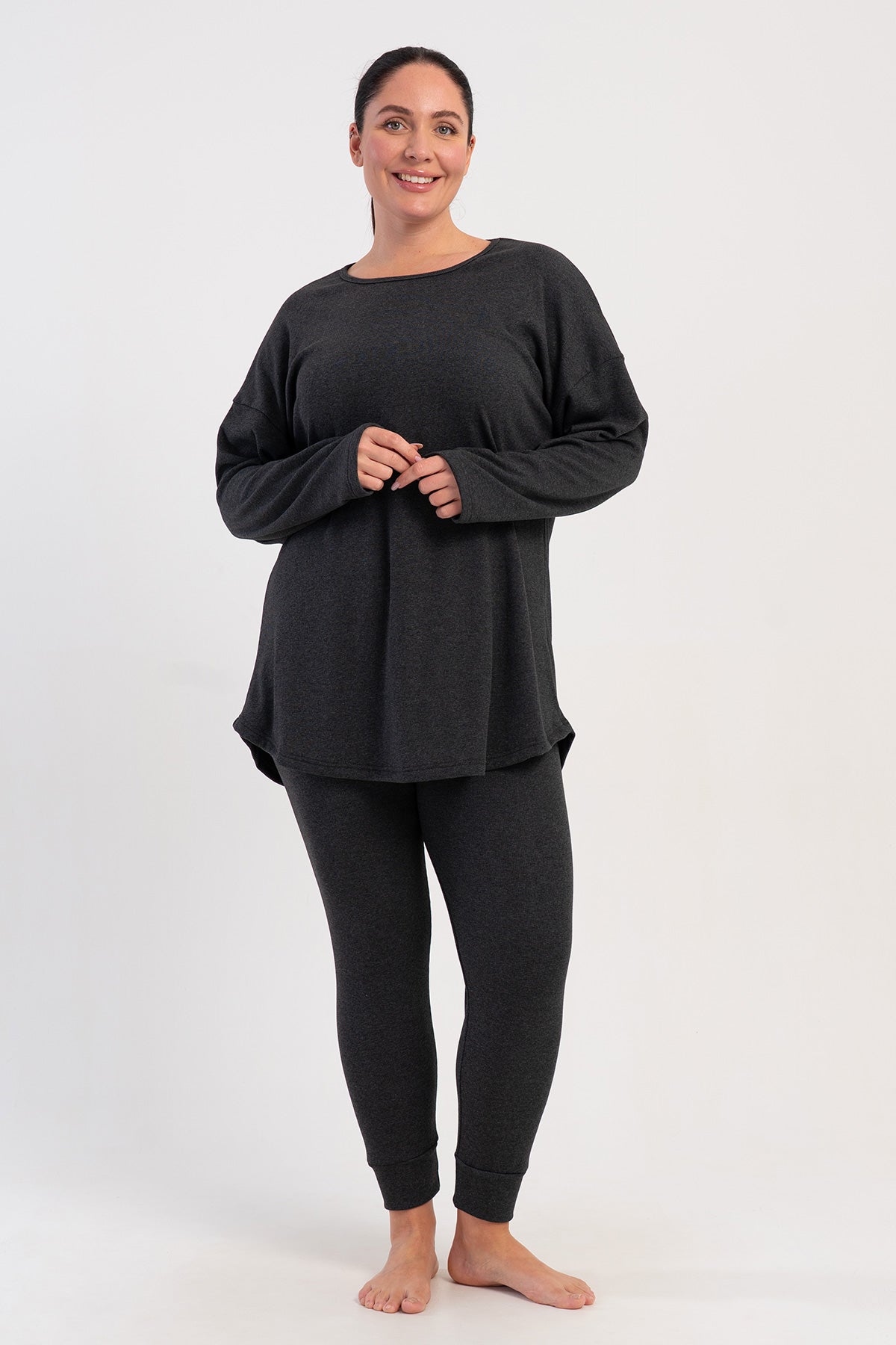 Pijama de damă, mărime XXL, cu mânecă lungă, pantaloni lungi cu manșete - ANTRACIT