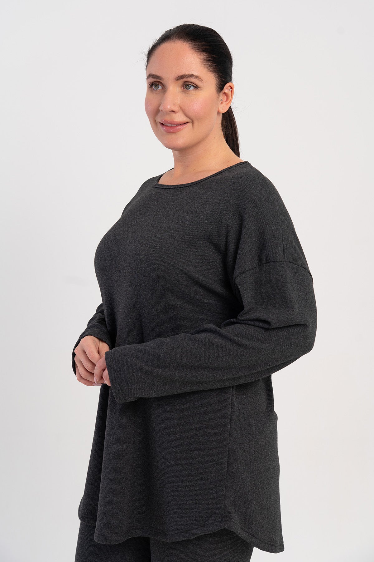 Pijama de damă, mărime XXL, cu mânecă lungă, pantaloni lungi cu manșete - ANTRACIT