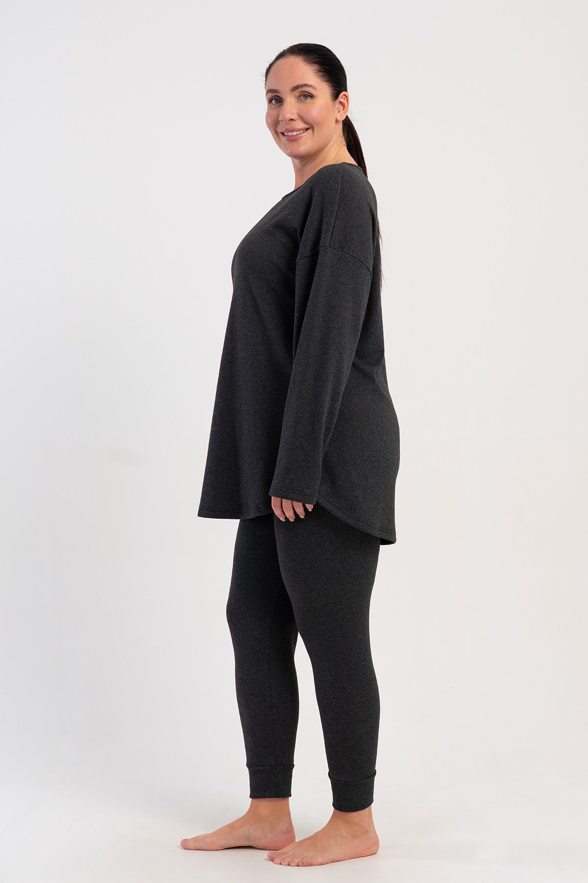 Pijama de damă, mărime XXL, cu mânecă lungă, pantaloni lungi cu manșete - ANTRACIT