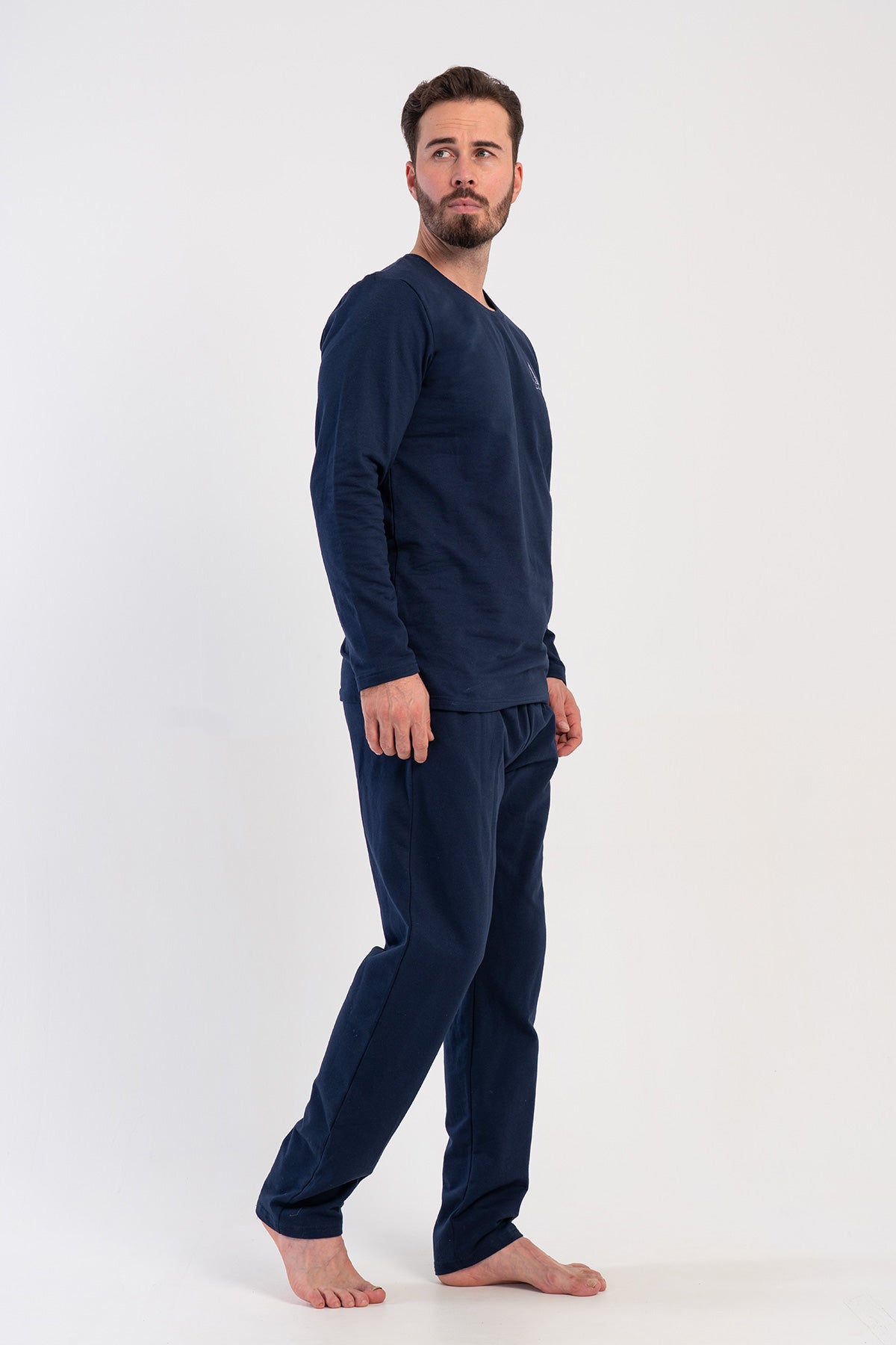 Pijama pentru bărbați, cu mânecă lungă, decolteu rotund, 2 fire, cu buzunar - bleumarin