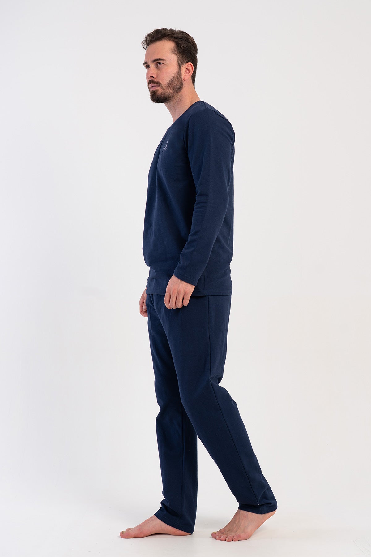 Pijama pentru bărbați, cu mânecă lungă, decolteu rotund, 2 fire, cu buzunar - bleumarin