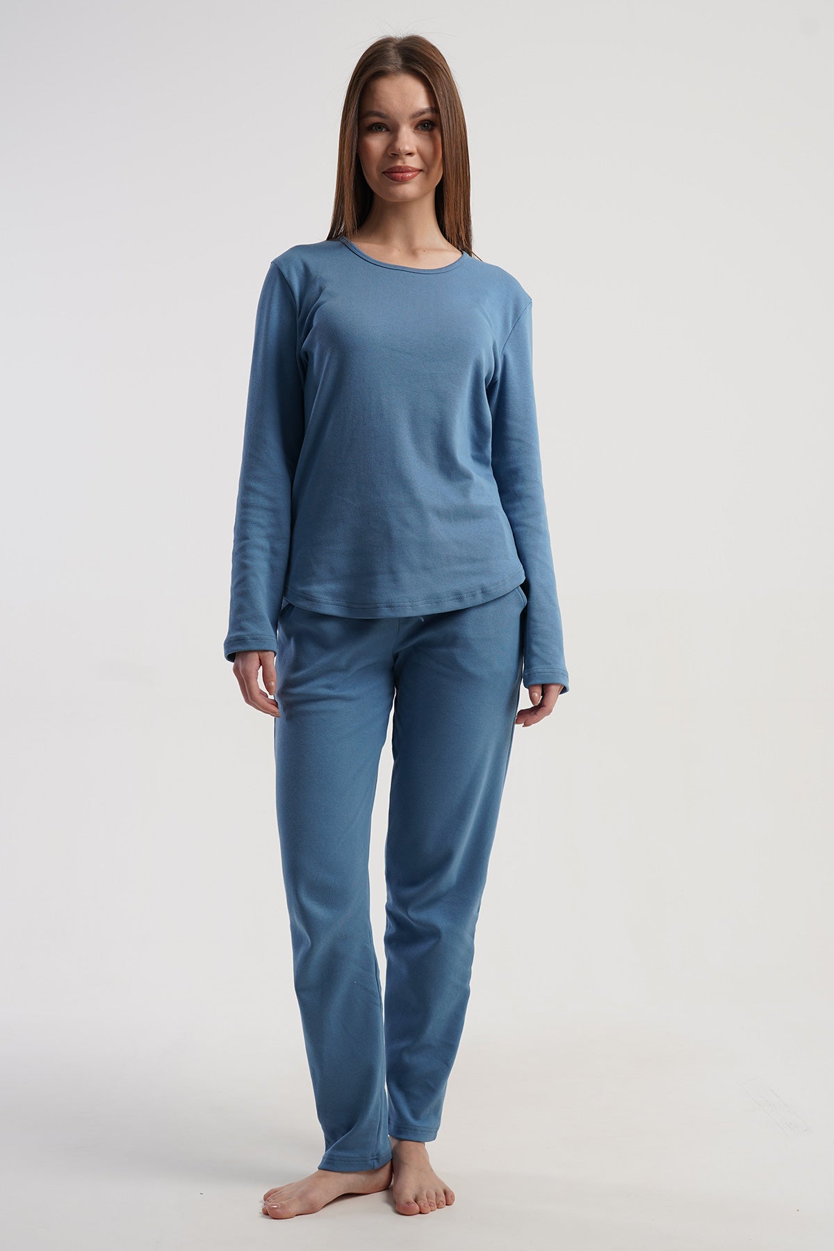 Pijama damă interlock, guler rotund, mânecă lungă, tiv oval, cu buzunare - ALBASTRU