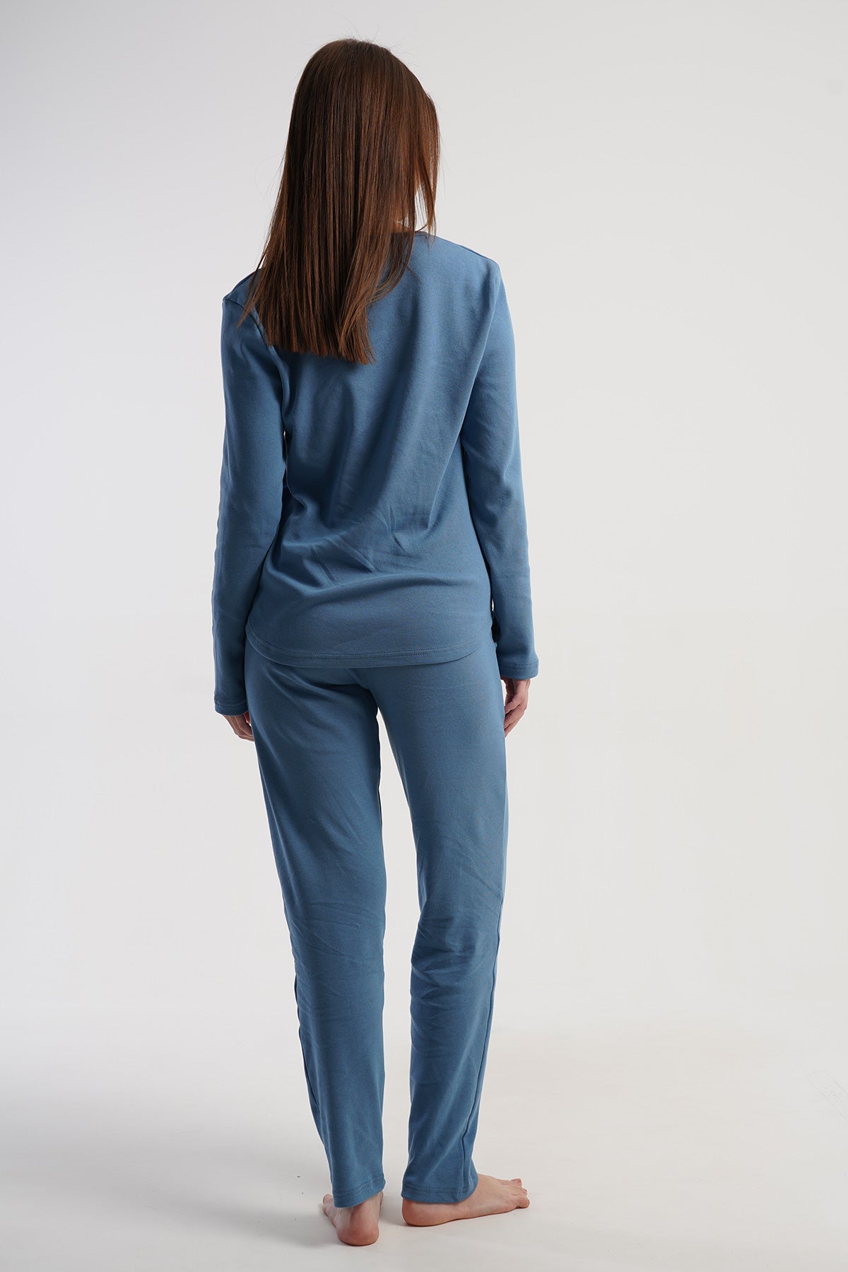 Pijama damă interlock, guler rotund, mânecă lungă, tiv oval, cu buzunare - ALBASTRU