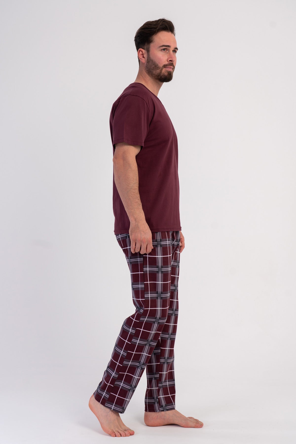 SET PANTALONI SCURȚI PIJAMALE BĂRBAȚI CU BUZUNAR P.SUPREM XXL CU GULER ÎN V, MÂNECĂ SCURTĂ - BORDO