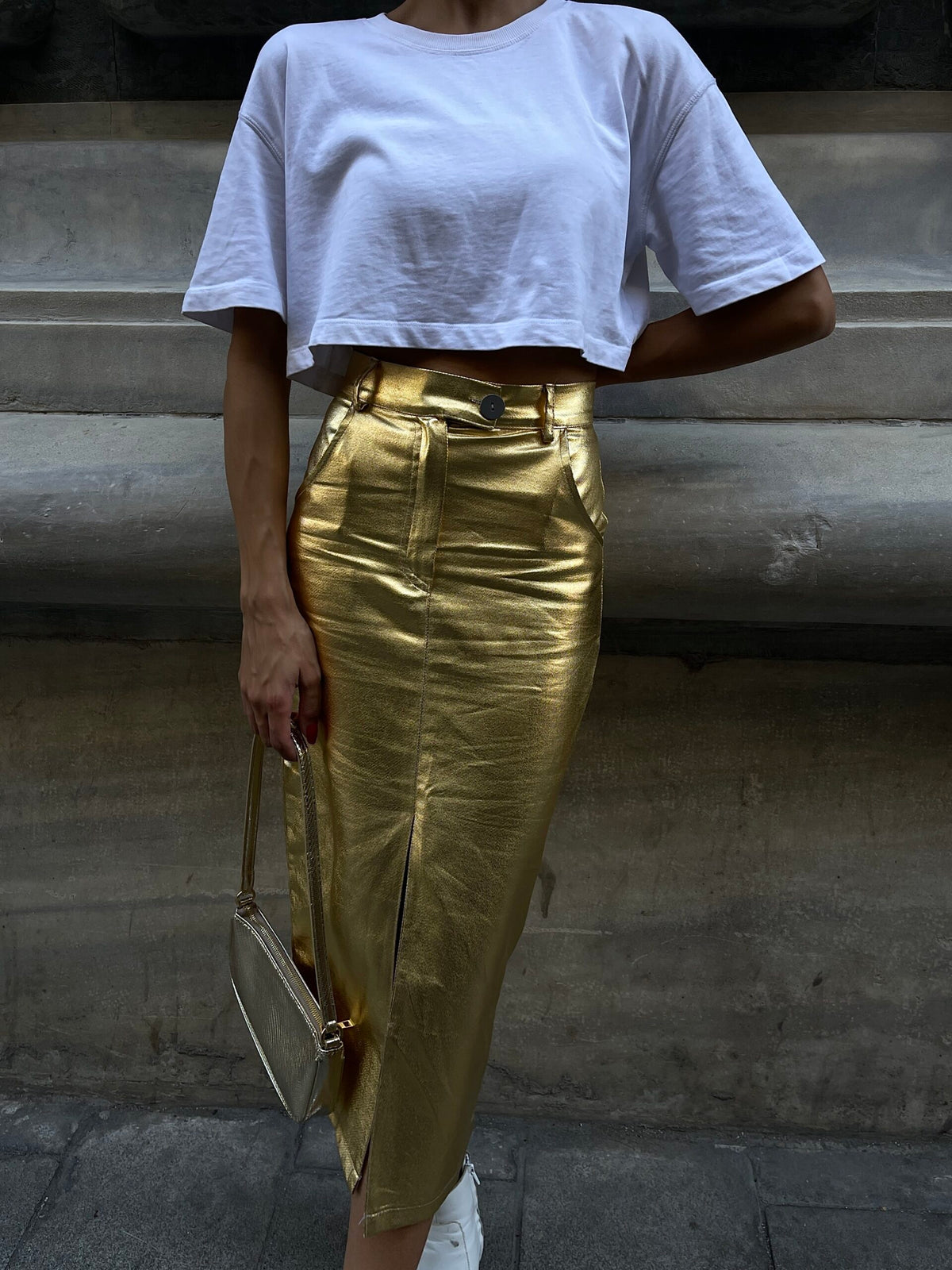 Gold Foil Front Slit Skirt
