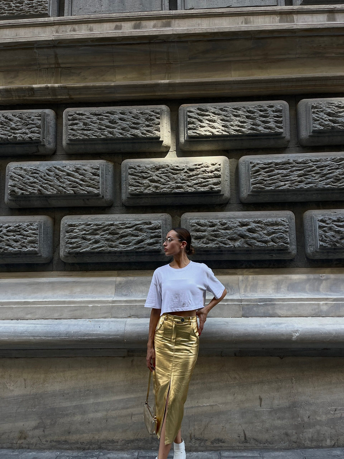 Gold Foil Front Slit Skirt