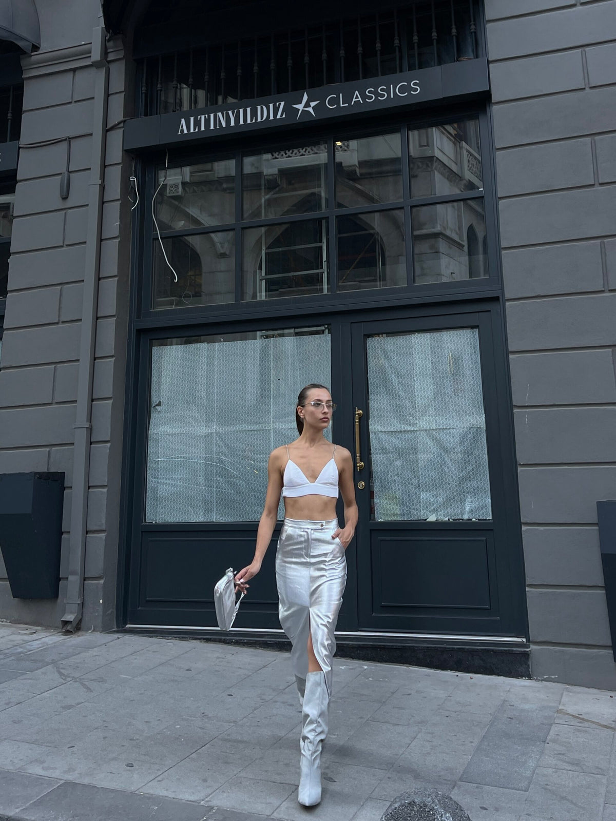 Silver Foil Front Slit Skirt