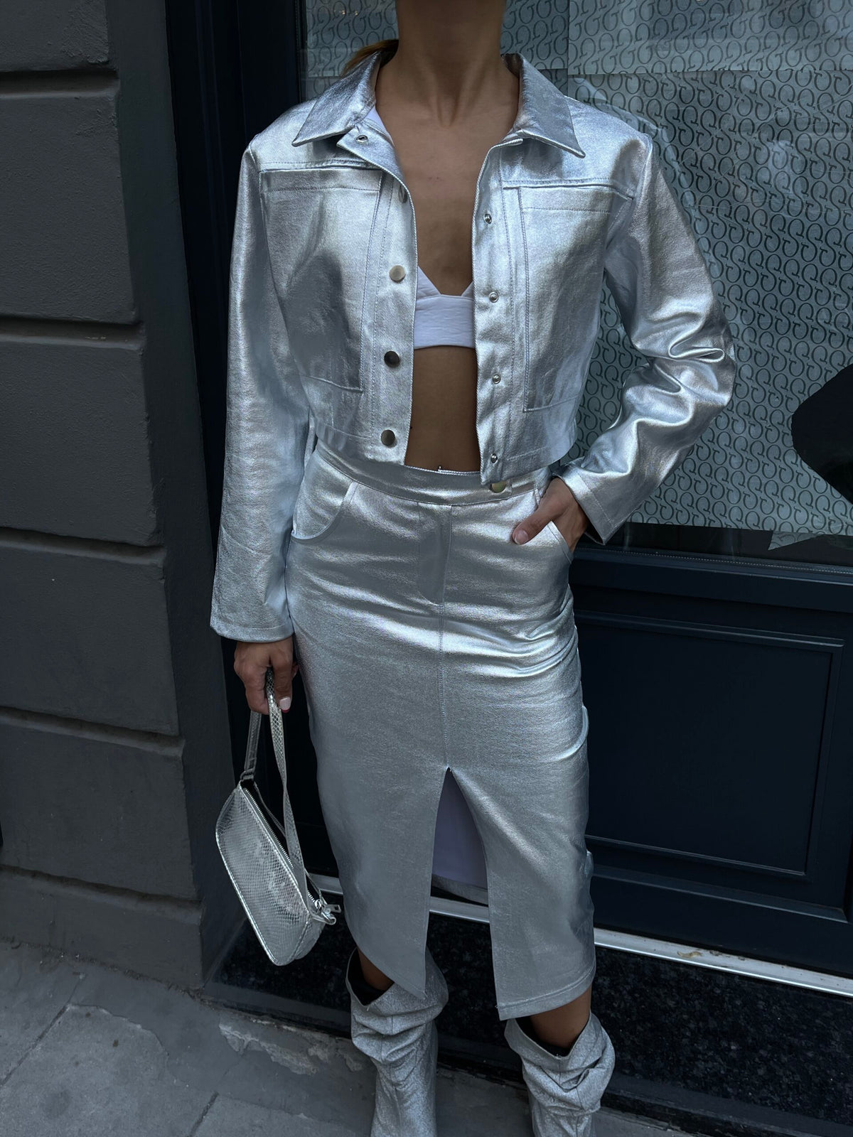 Silver Foil Front Slit Skirt