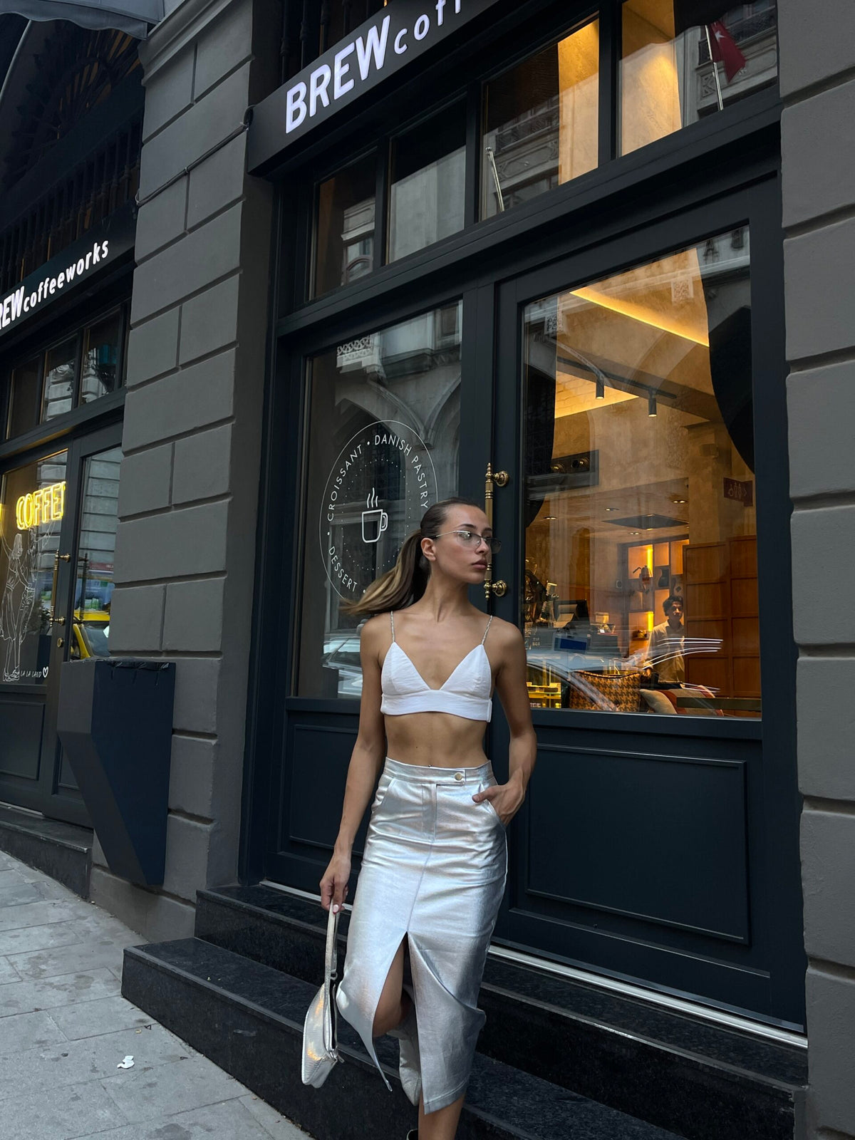 Silver Foil Front Slit Skirt