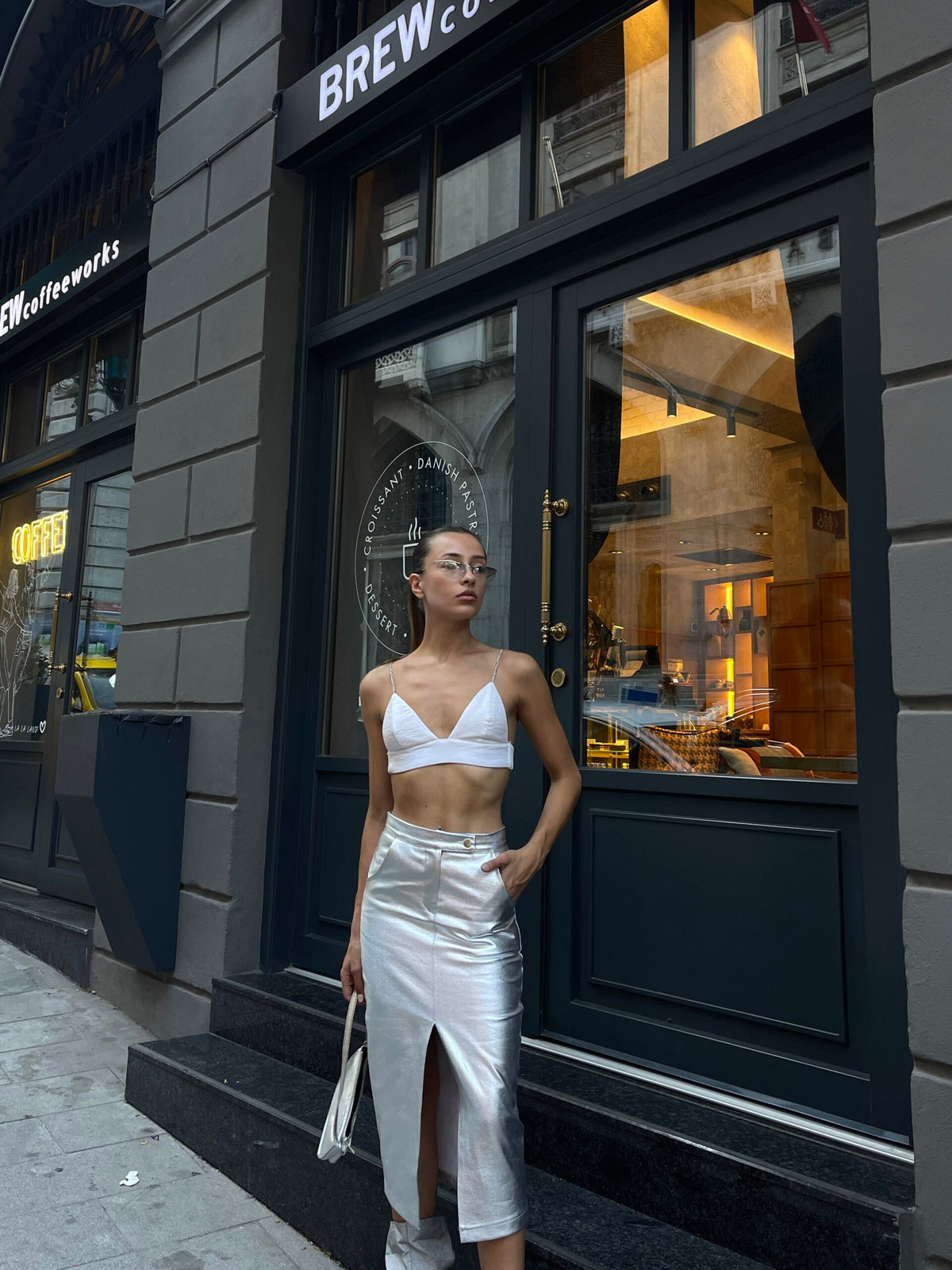 Silver Foil Front Slit Skirt