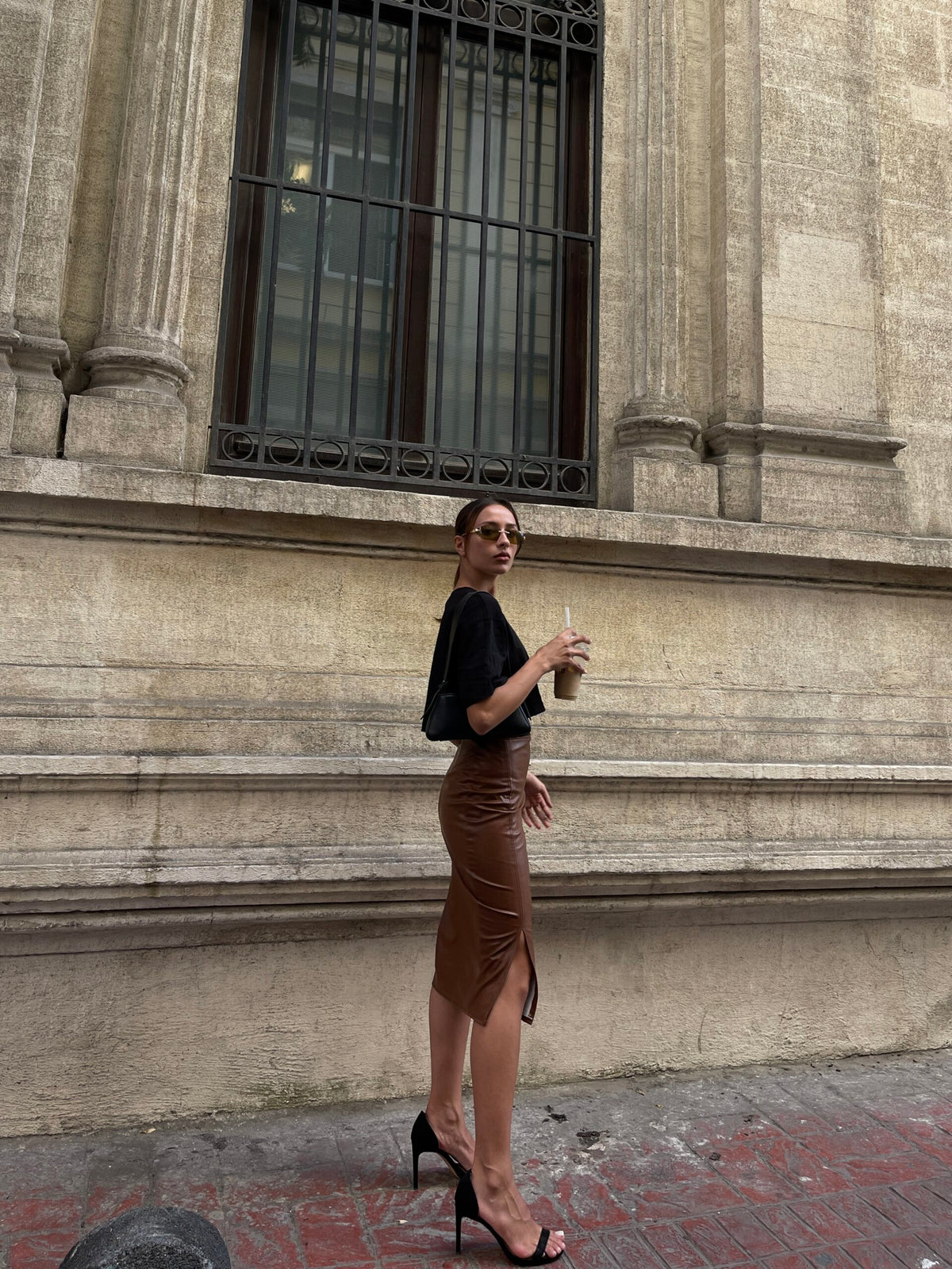 Coffee Front Slit Leather Pencil Skirt