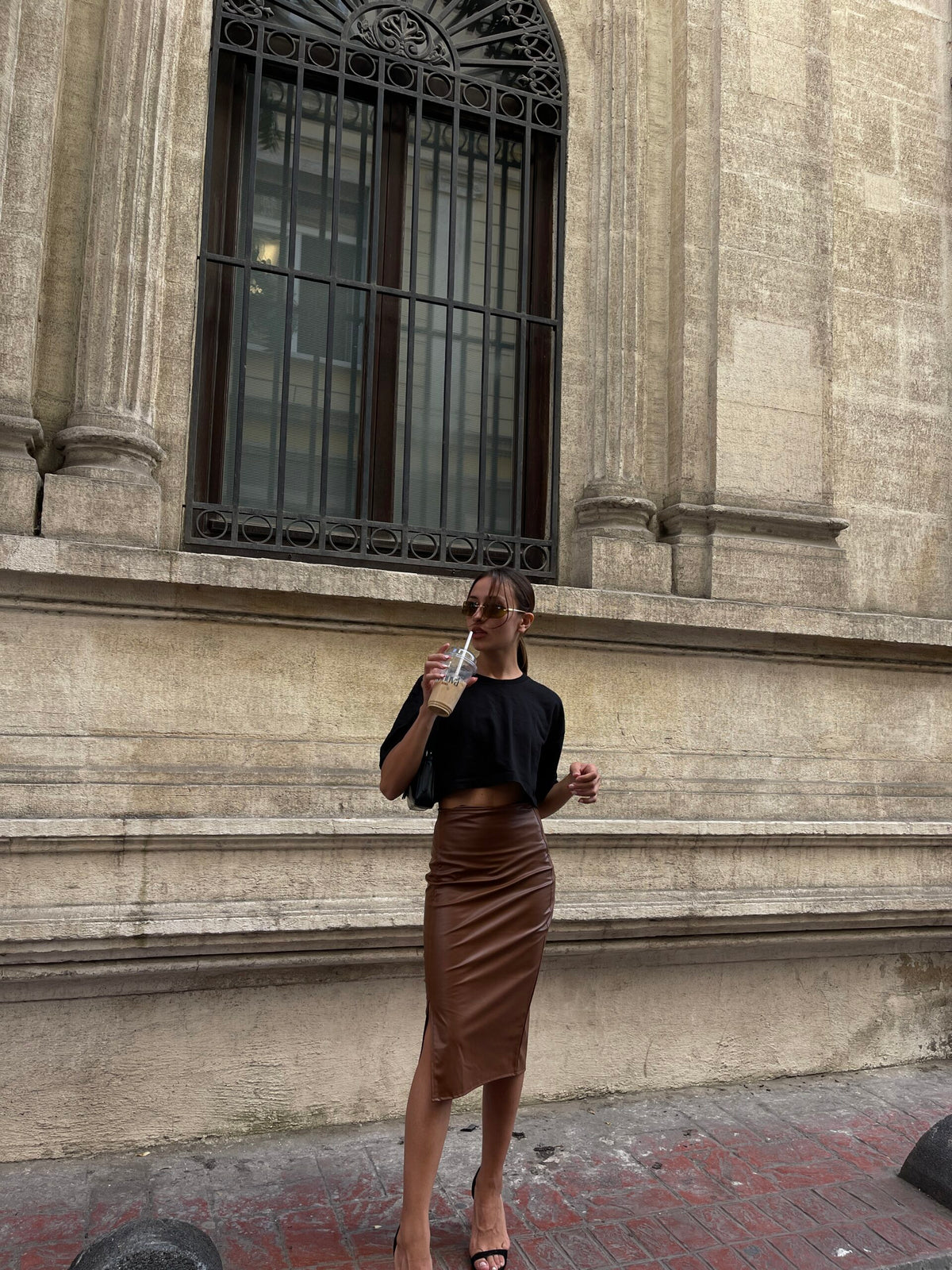 Coffee Front Slit Leather Pencil Skirt