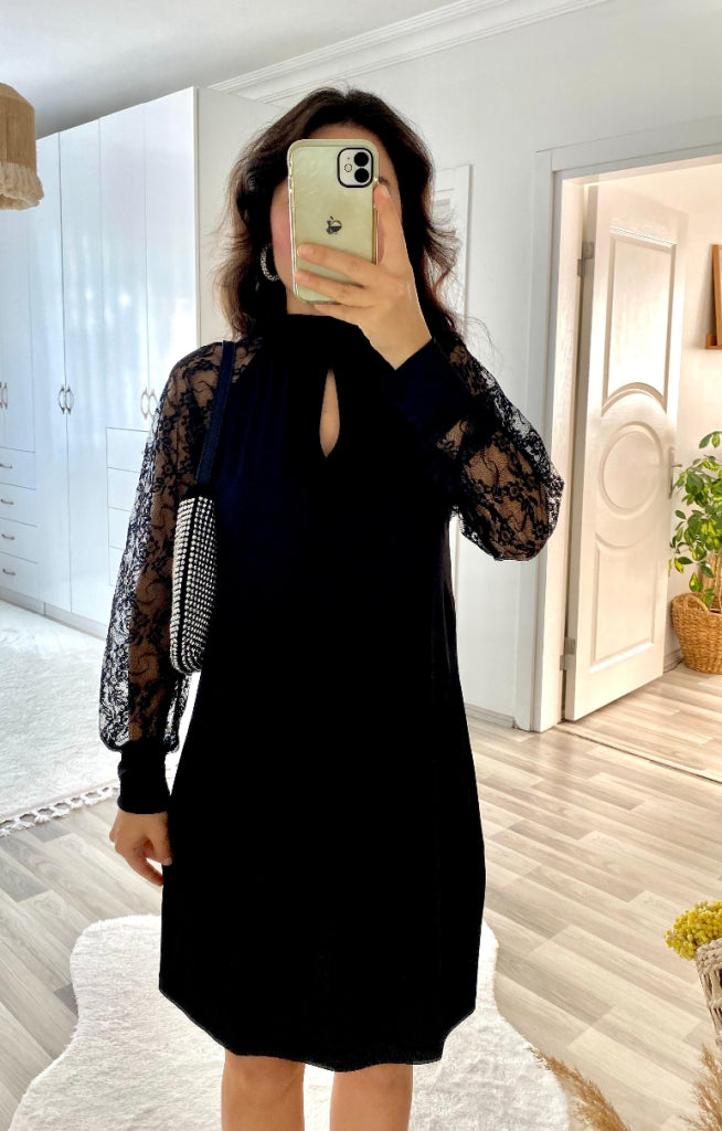 Rochie mini din material ușor cu mâneci lungi, cu detaliu picătură, 37448