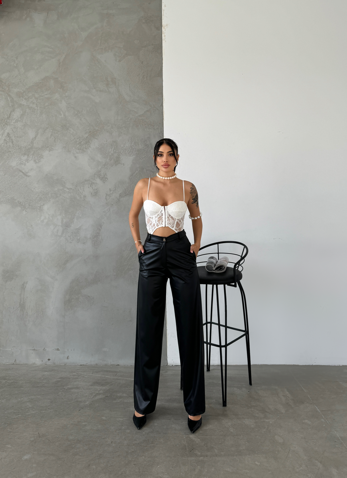 Black Palazzo Leather Trousers