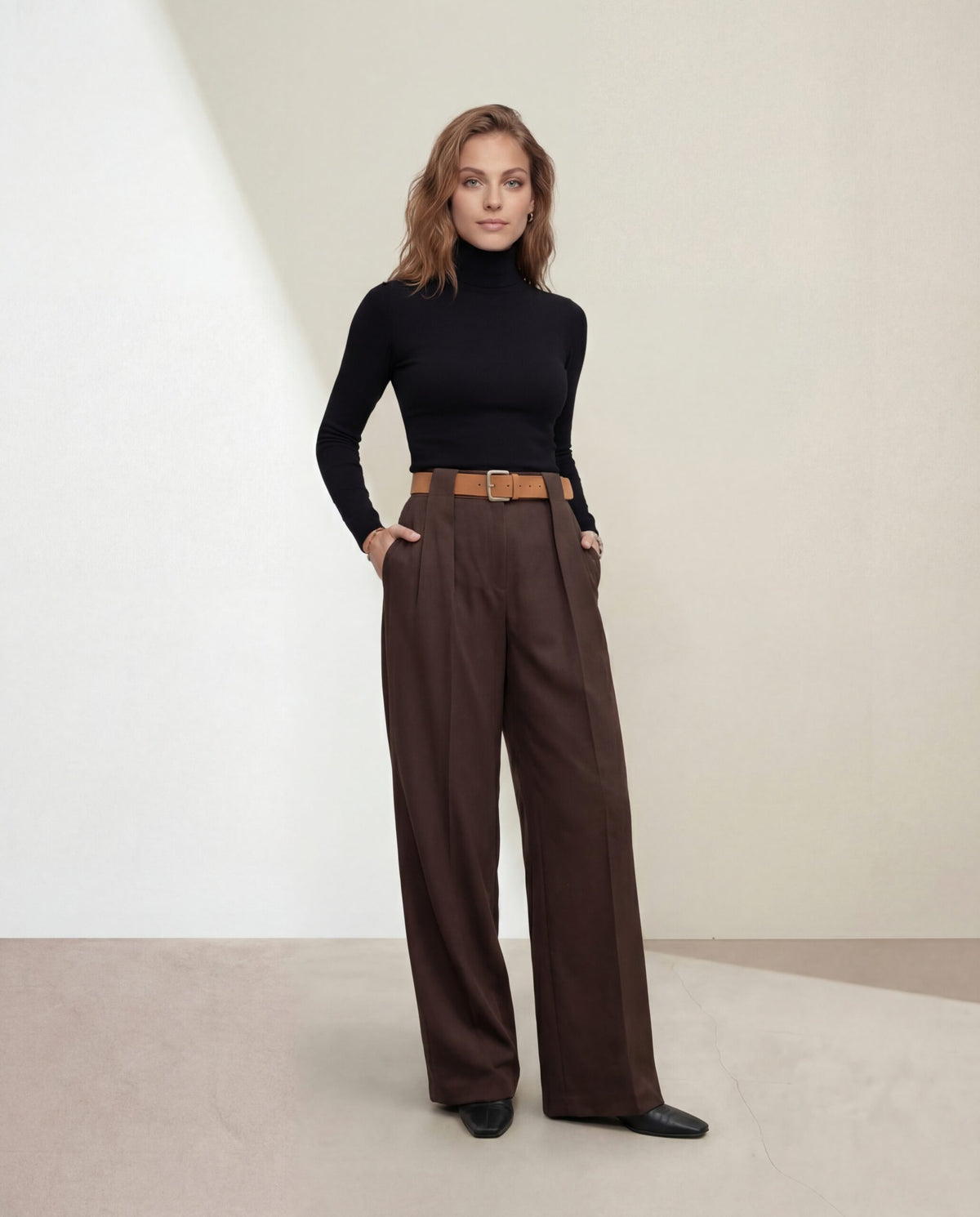 Pantaloni Palazzo de culoarea cafelei cu curea