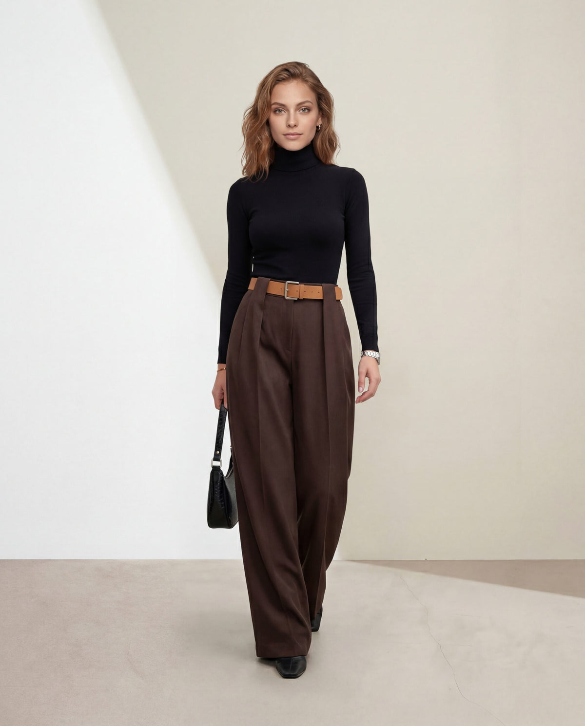 Pantaloni Palazzo de culoarea cafelei cu curea