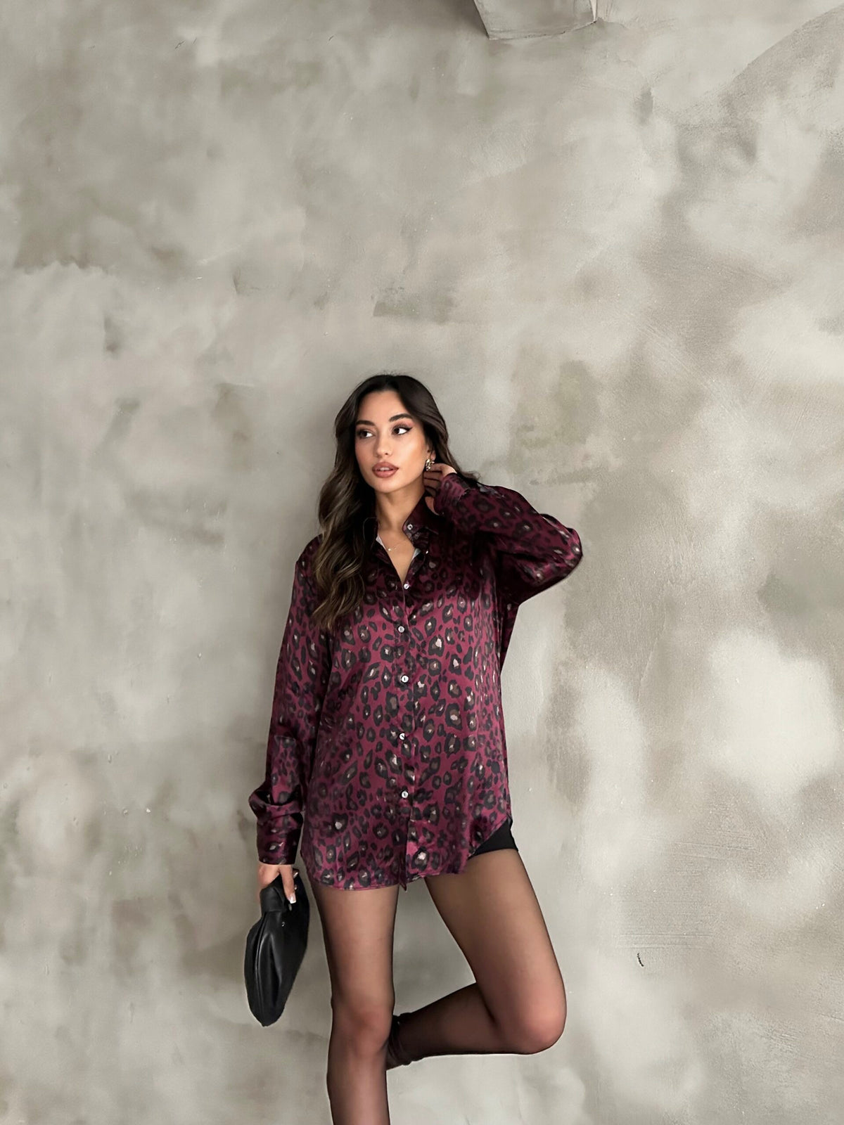 Burgundy Leopard Print Satin Oversized Shirt