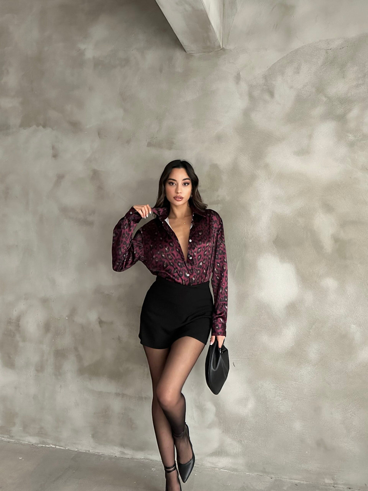 Burgundy Leopard Print Satin Oversized Shirt
