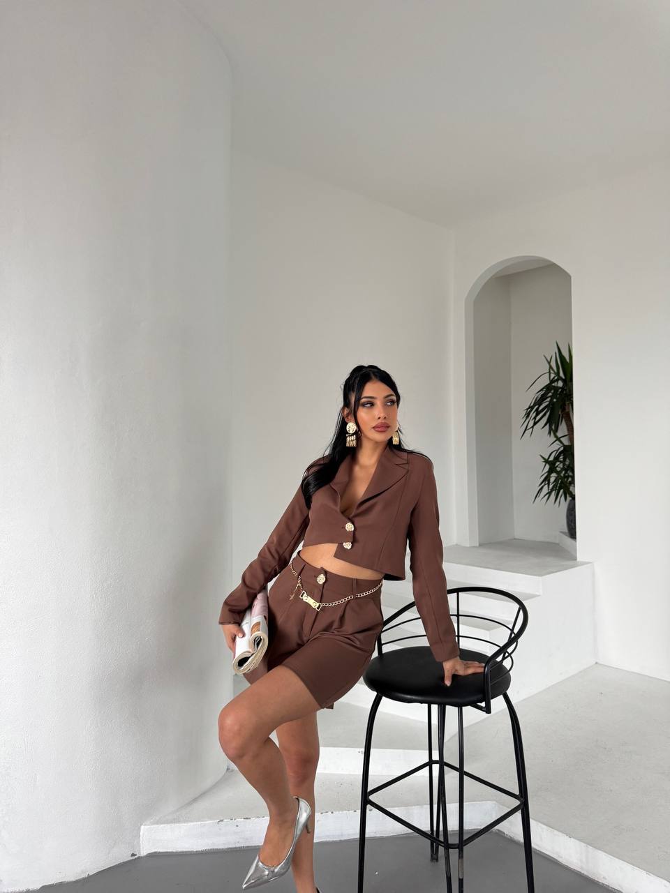 Chain Belt Jacket Shorts Set - Brown