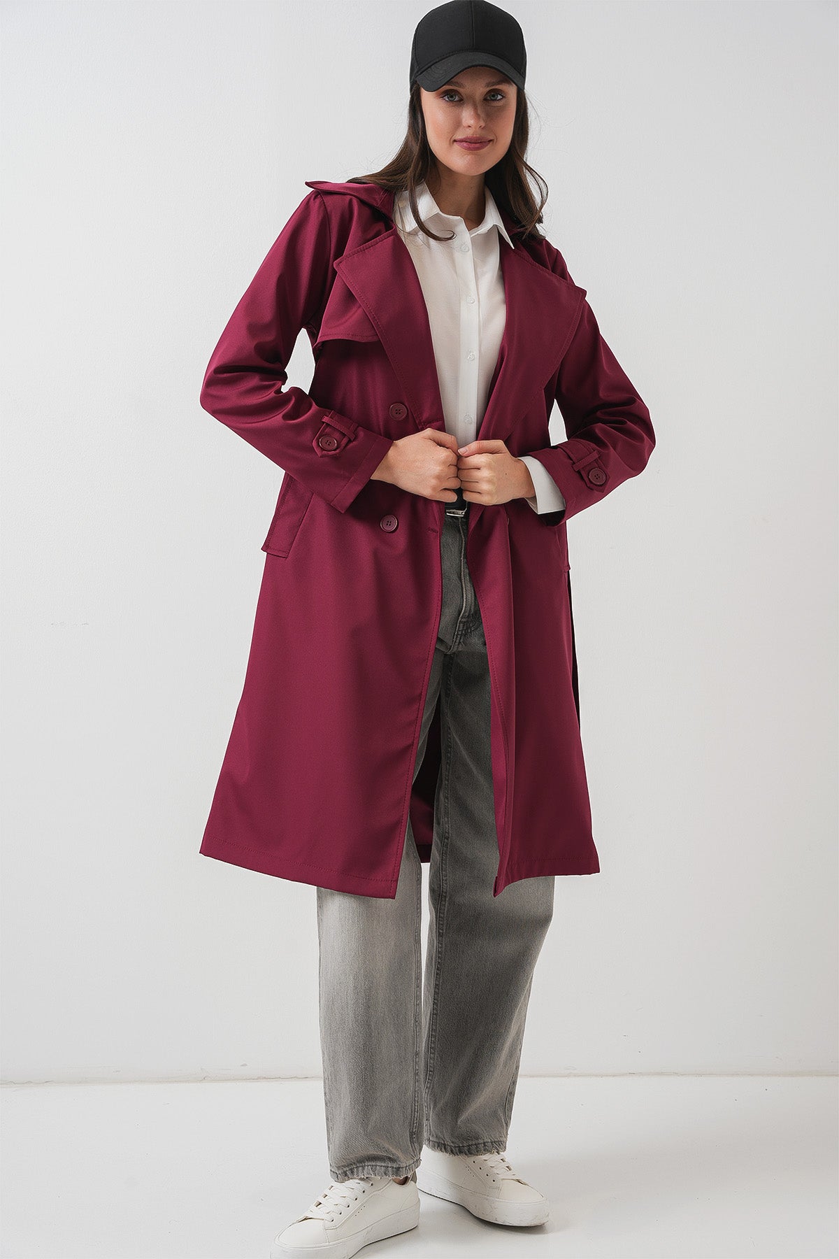 5918 Double-Breasted Trench Coat - Burgundy