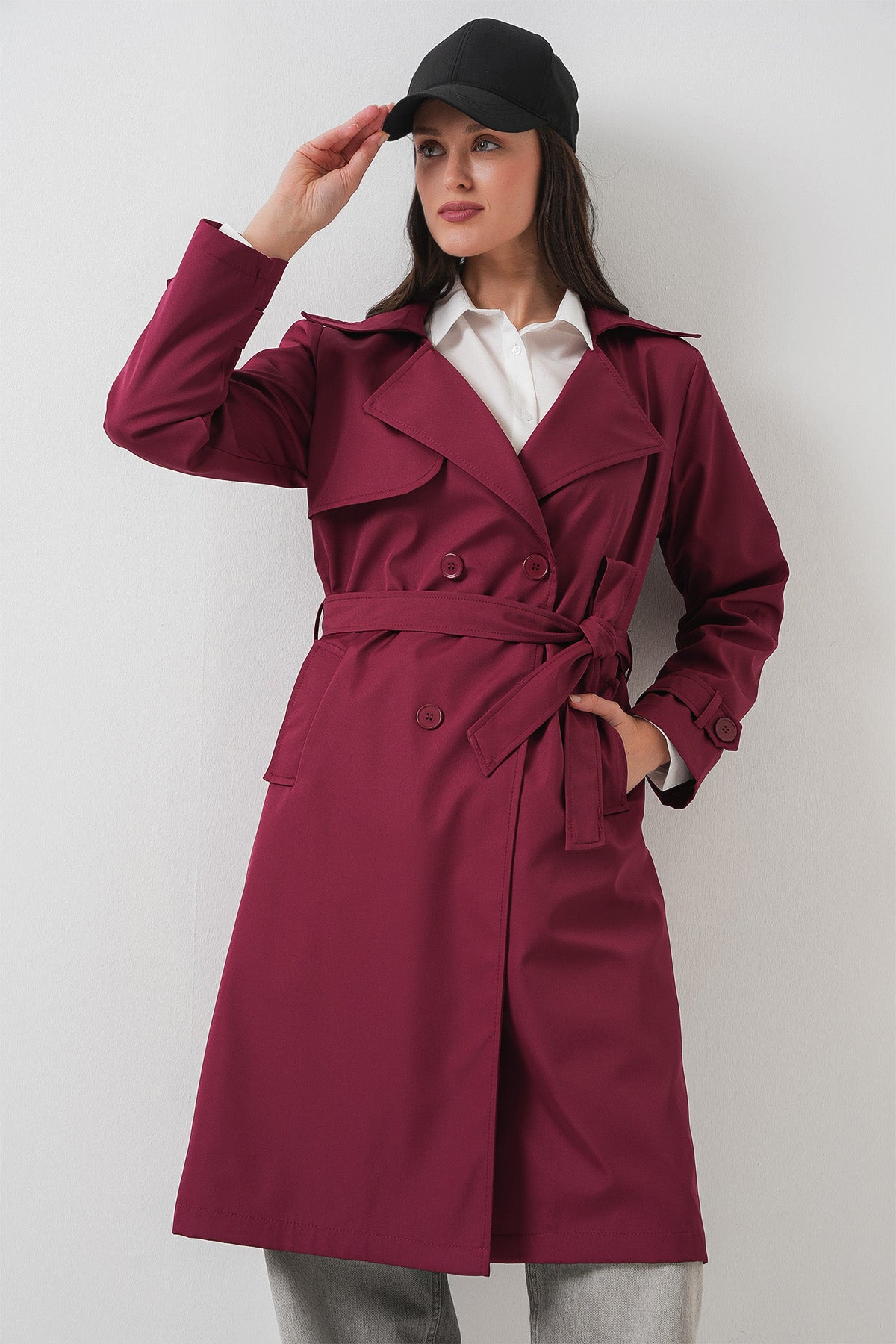 5918 Double-Breasted Trench Coat - Burgundy