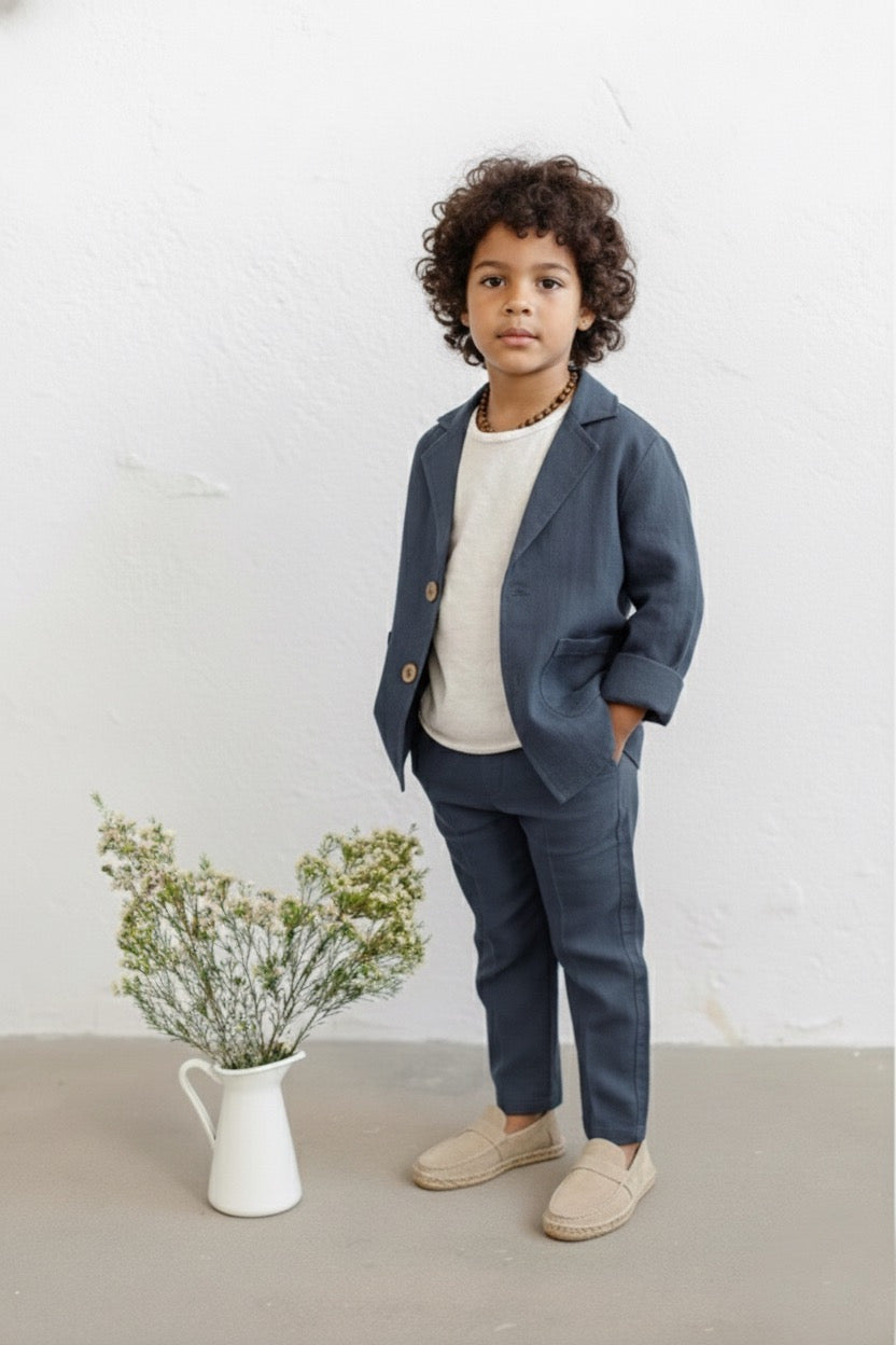 Çocuk 3’lü Keten Takım Elbise | Ceket, Tişört, Pantolon | 3–9 Yaş | RG Brand | RG1465 - LACİVERT