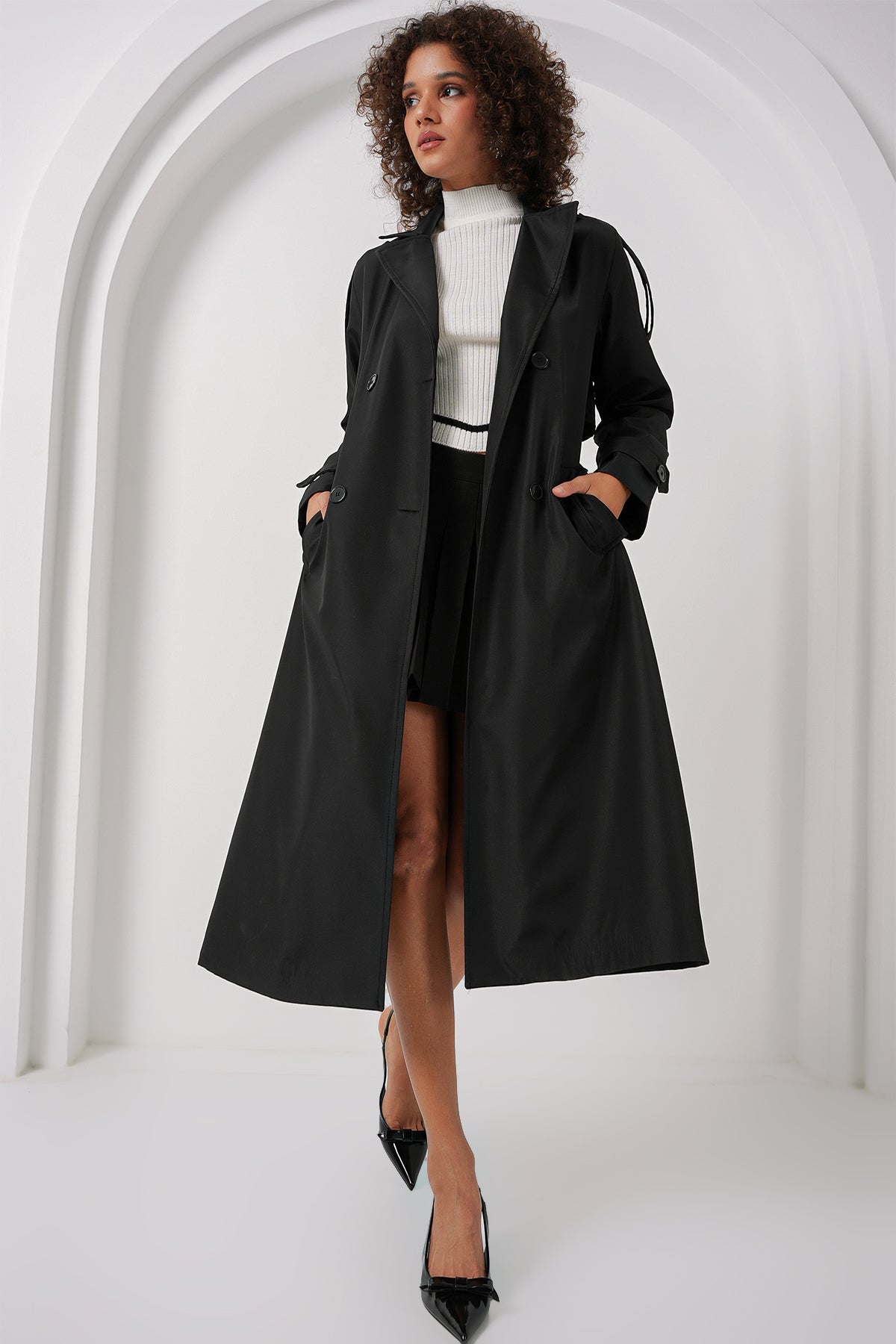 Trench lung 5941 cu două nasturi - Negru