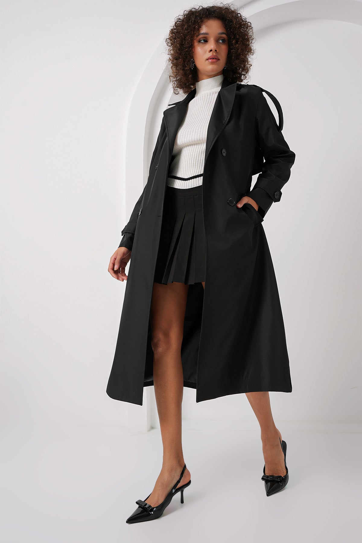 Trench lung 5941 cu două nasturi - Negru