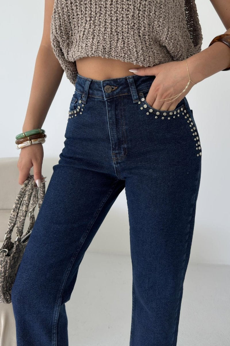 Pantalon Denim Mom Fit cu Pietre 7023
