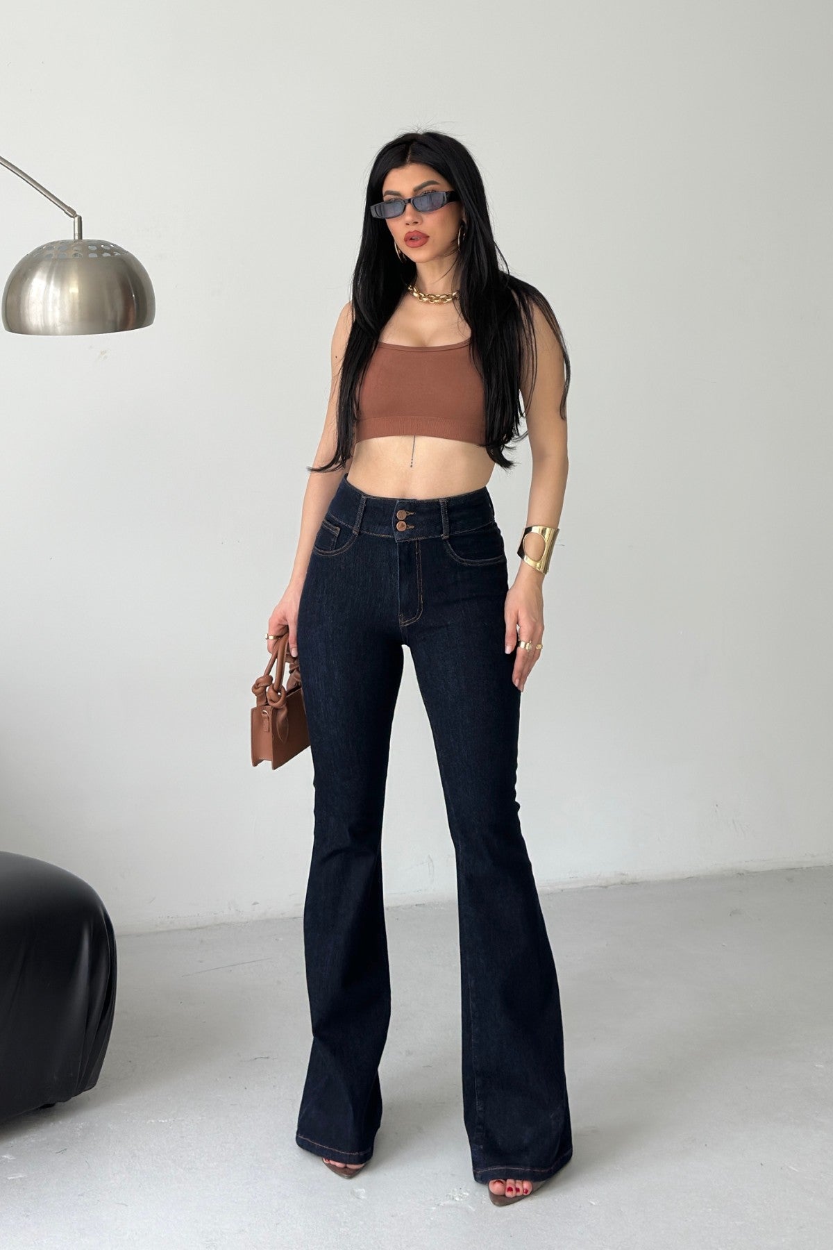 Pantaloni Denim cu Curea Lată și Pense 7151