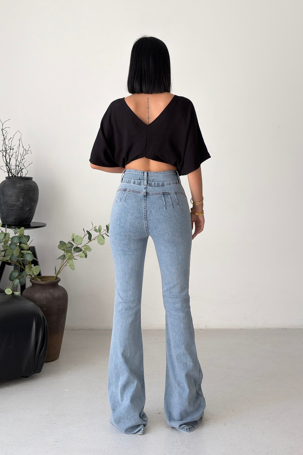Pantaloni Denim cu Curea Lată și Pense 7151