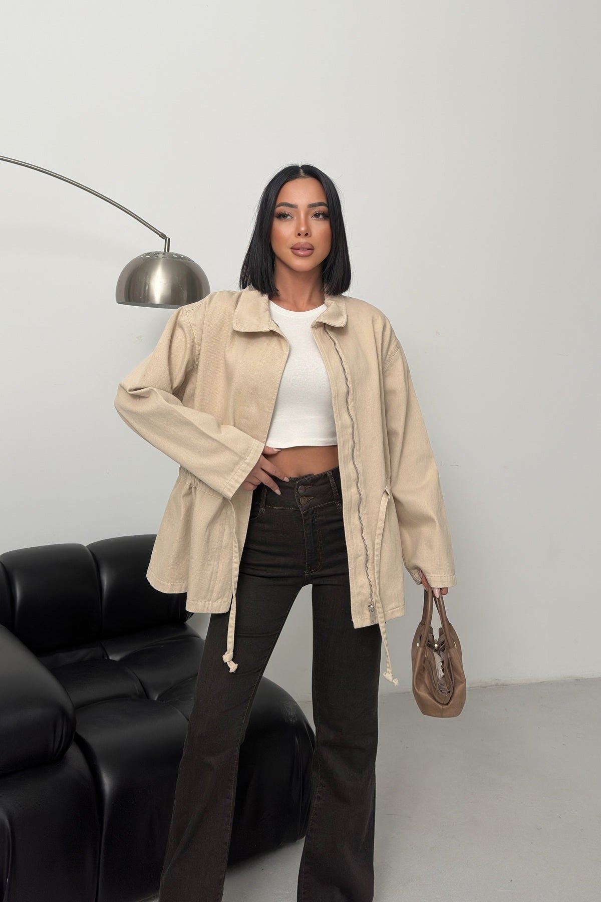 Jachetă Denim cu Detalii de Fronceu la Talie 6145