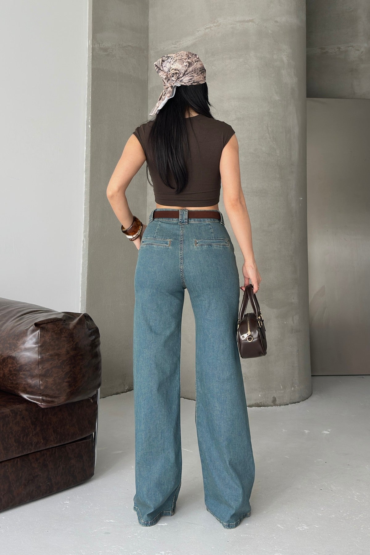 Pantalon Denim Palazzo cu Pliseu 7093
